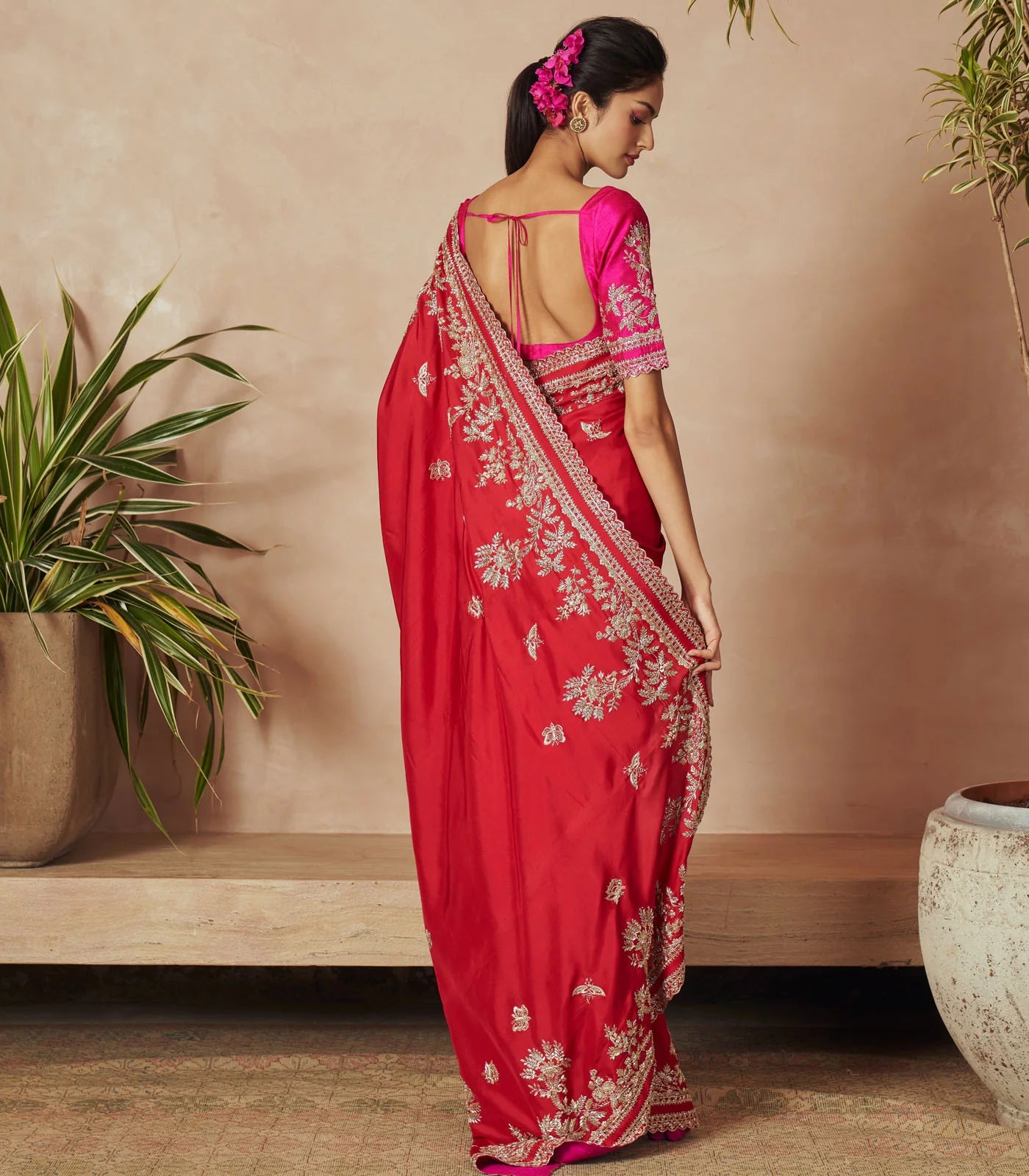 RED DUPION SILK THITHLI SAREE SET
