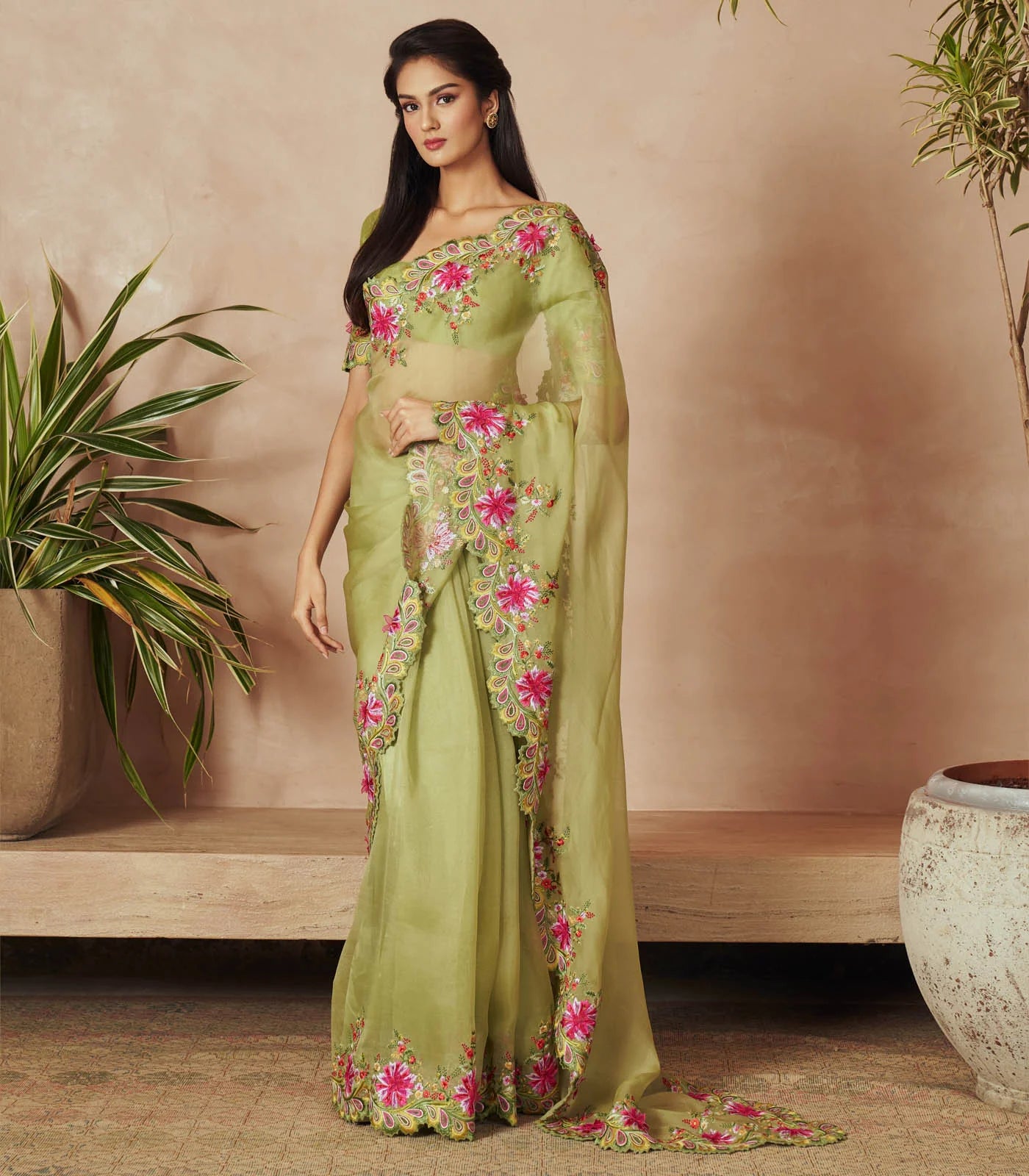 PISTA GREEN ORGANZA SAREE SET