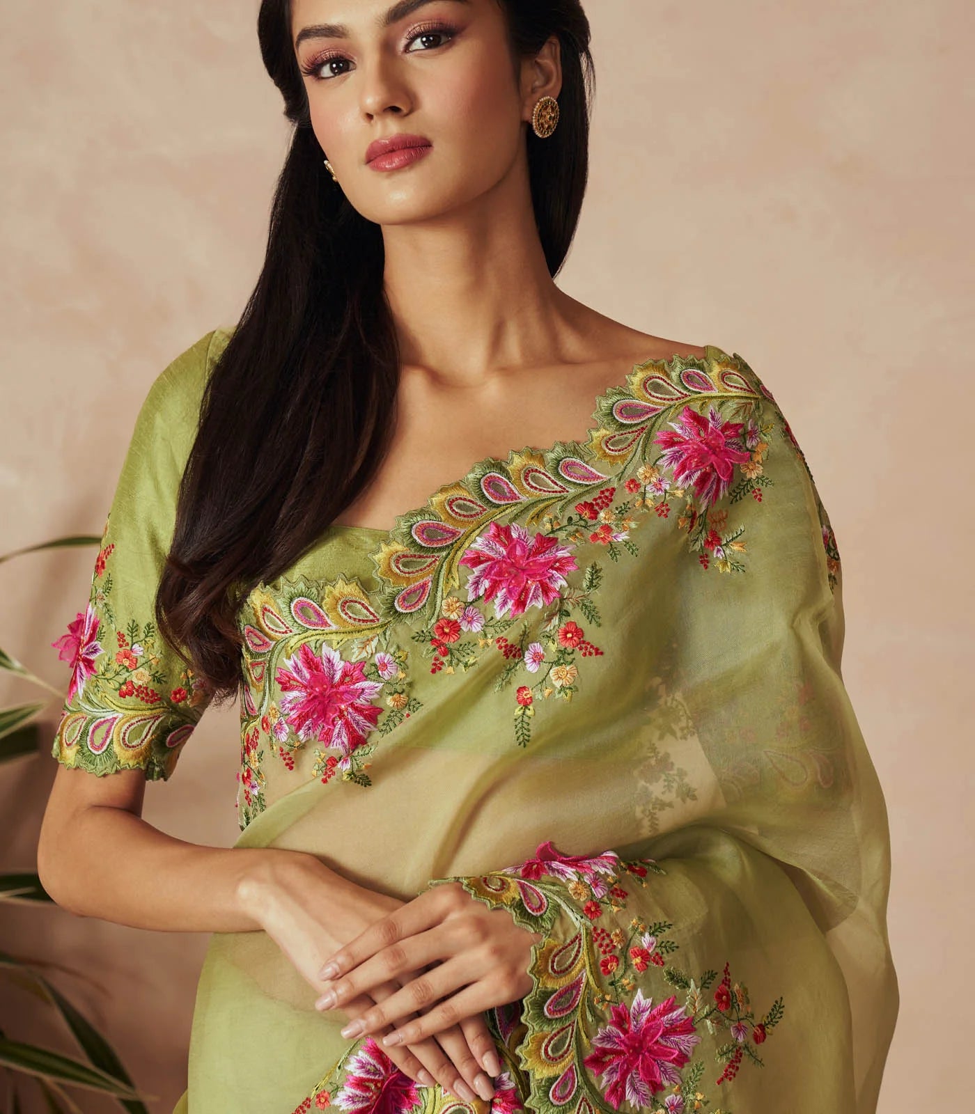 PISTA GREEN ORGANZA SAREE SET