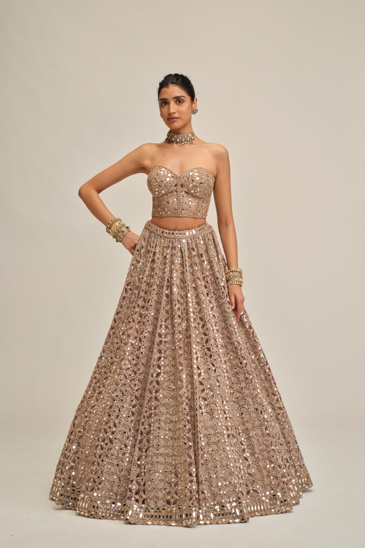 Ash Pink Circular Cutwork Crop Top Skirt Set