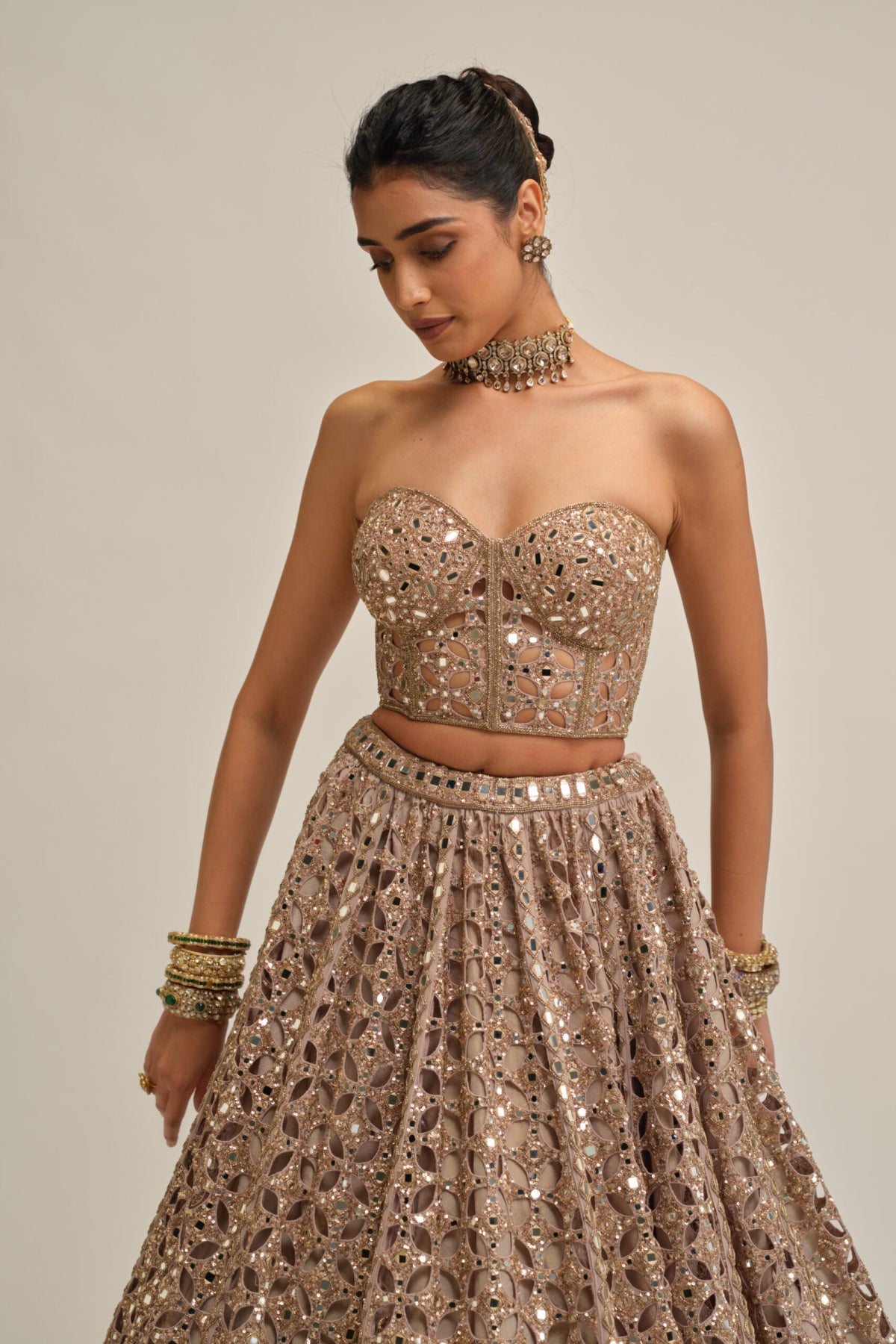 Ash Pink Circular Cutwork Crop Top Skirt Set