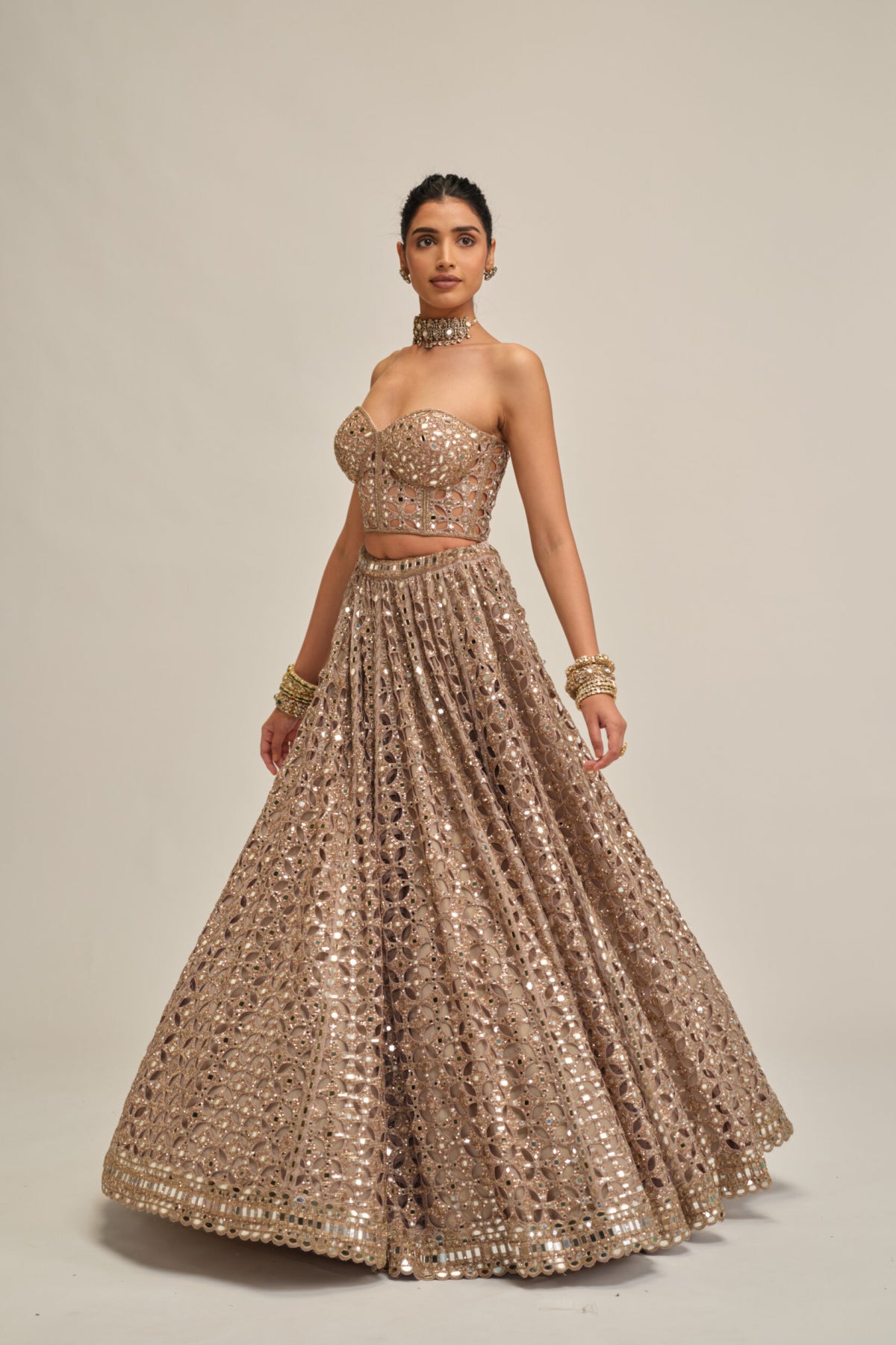 Ash Pink Circular Cutwork Crop Top Skirt Set