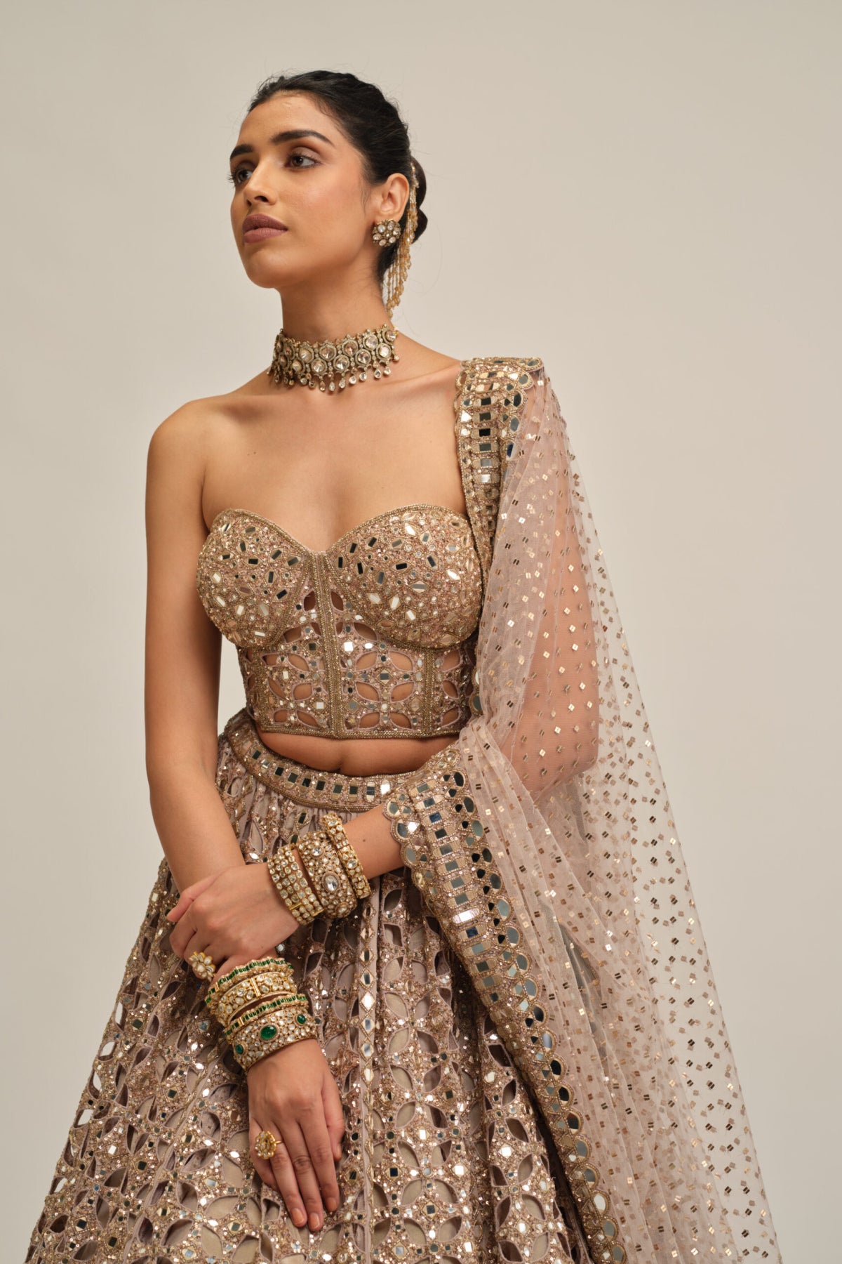 Ash Pink Circular Cutwork Lehenga With Corset Set