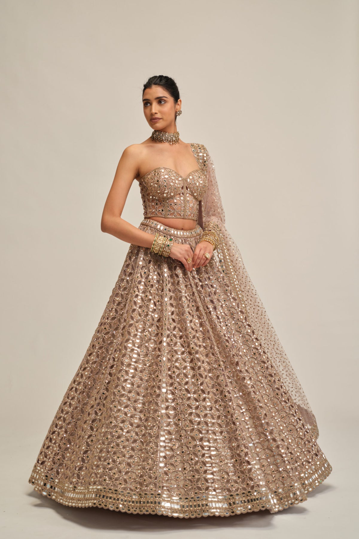 Ash Pink Circular Cutwork Lehenga With Corset Set