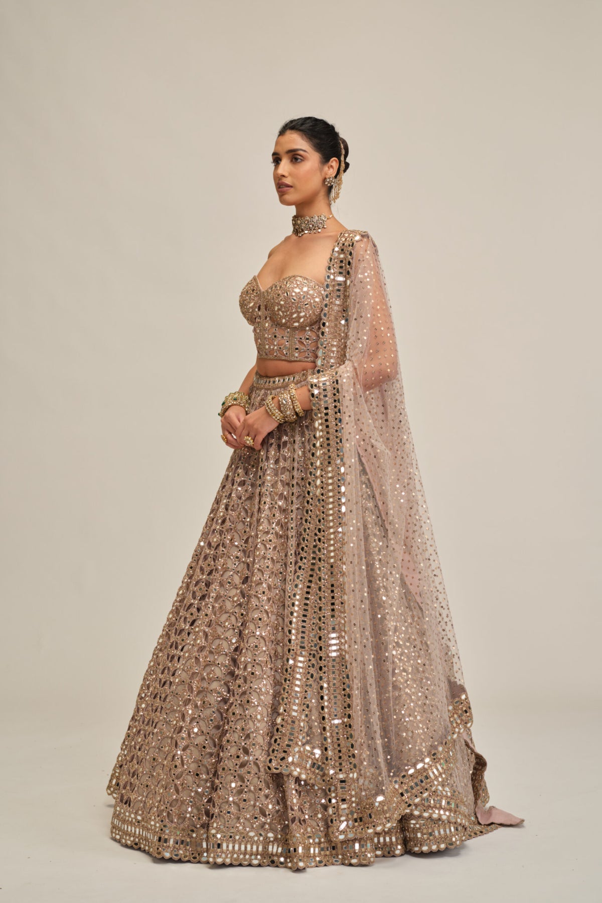 Ash Pink Circular Cutwork Lehenga With Corset Set