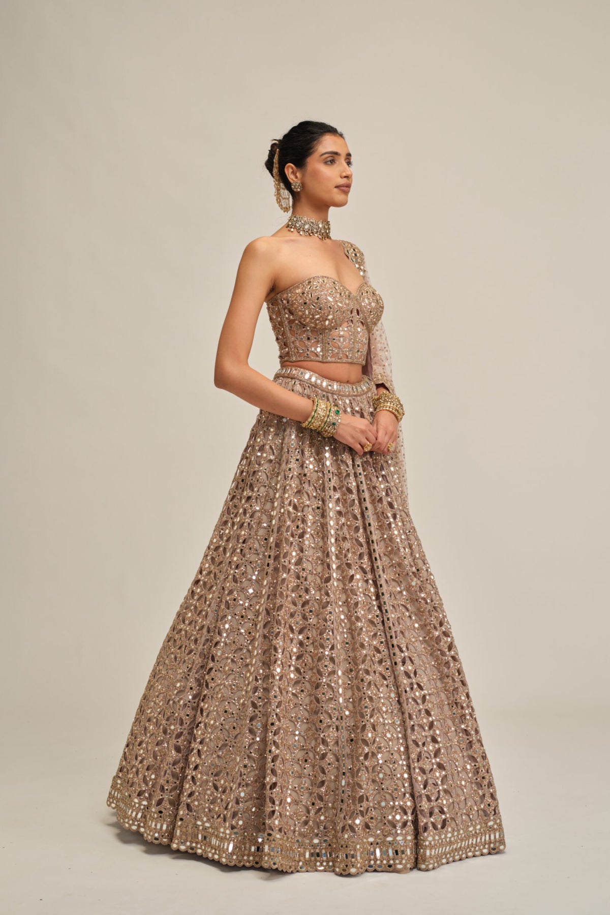 Ash Pink Circular Cutwork Lehenga With Corset Set