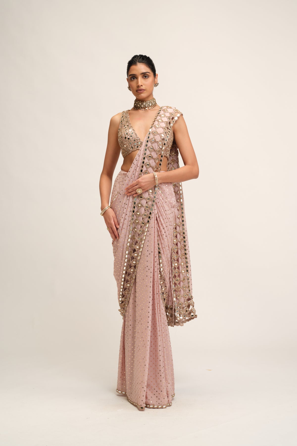 Ash Pink Cutwork Border Saree Set