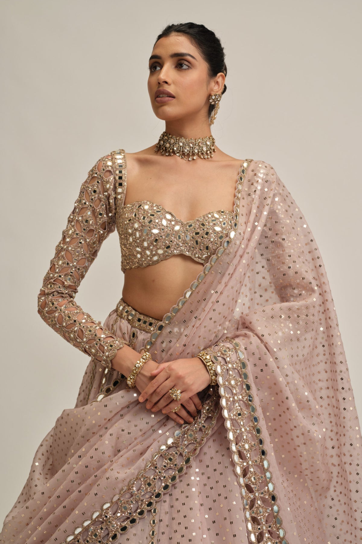 Ash Pink Cutwork Sleeve Lehenga Set