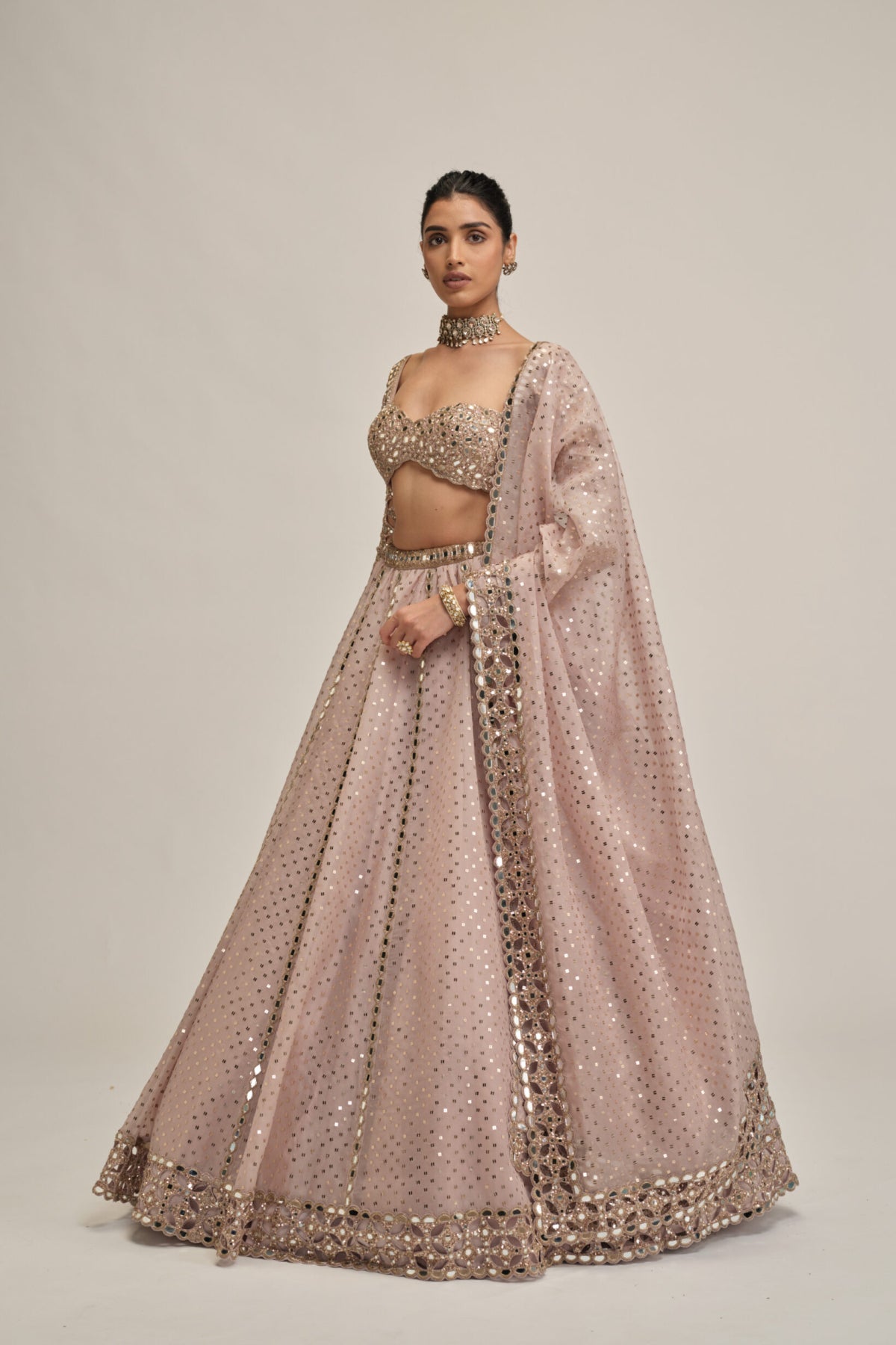 Ash Pink Cutwork Sleeve Lehenga Set