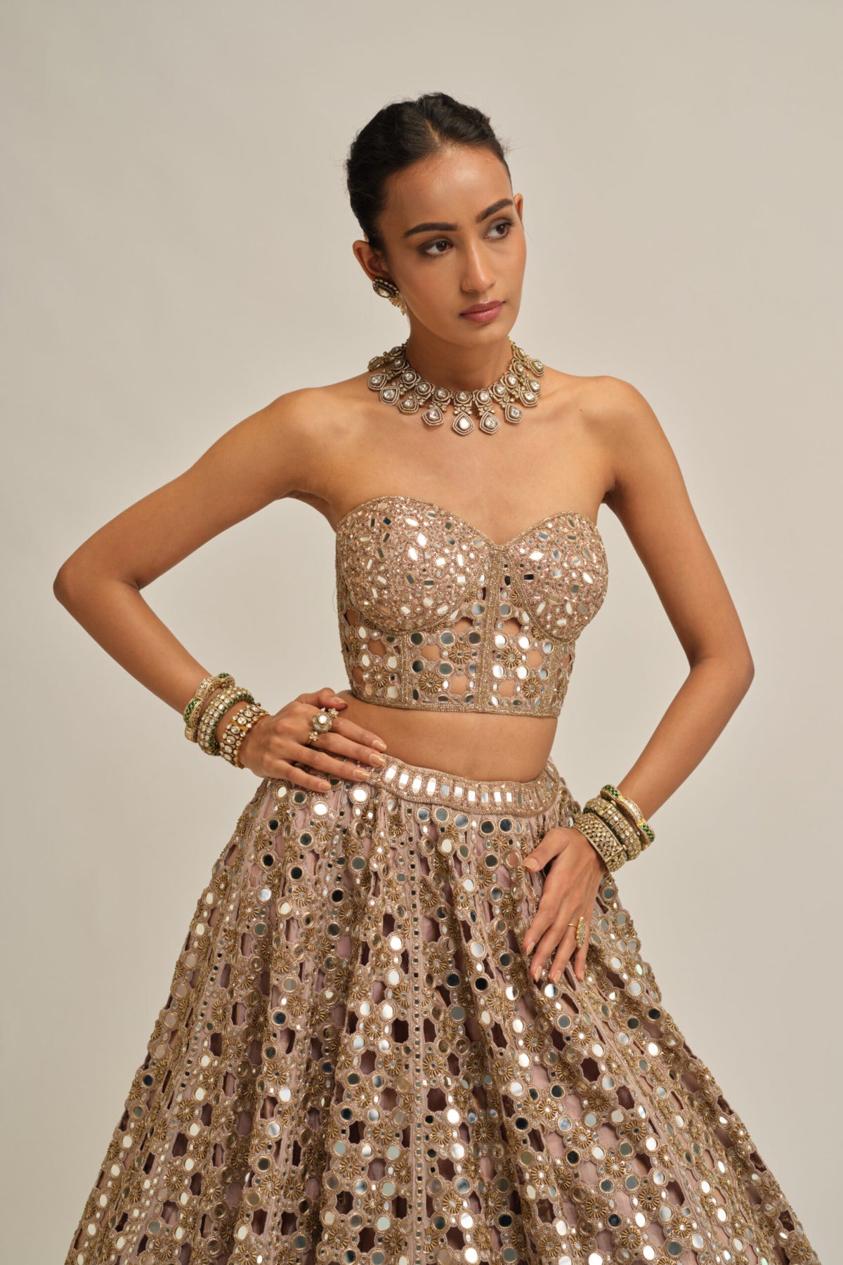 Ash Pink Dense Big Mirror Cutwork Crop Top Skirt Set