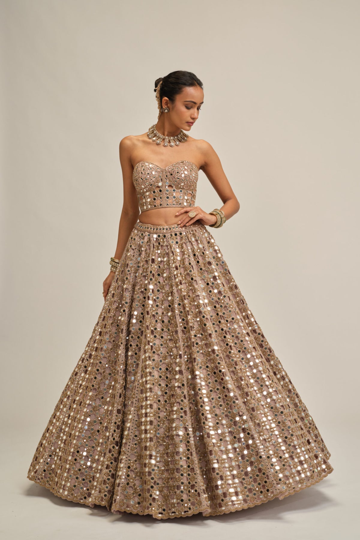 Ash Pink Dense Big Mirror Cutwork Crop Top Skirt Set