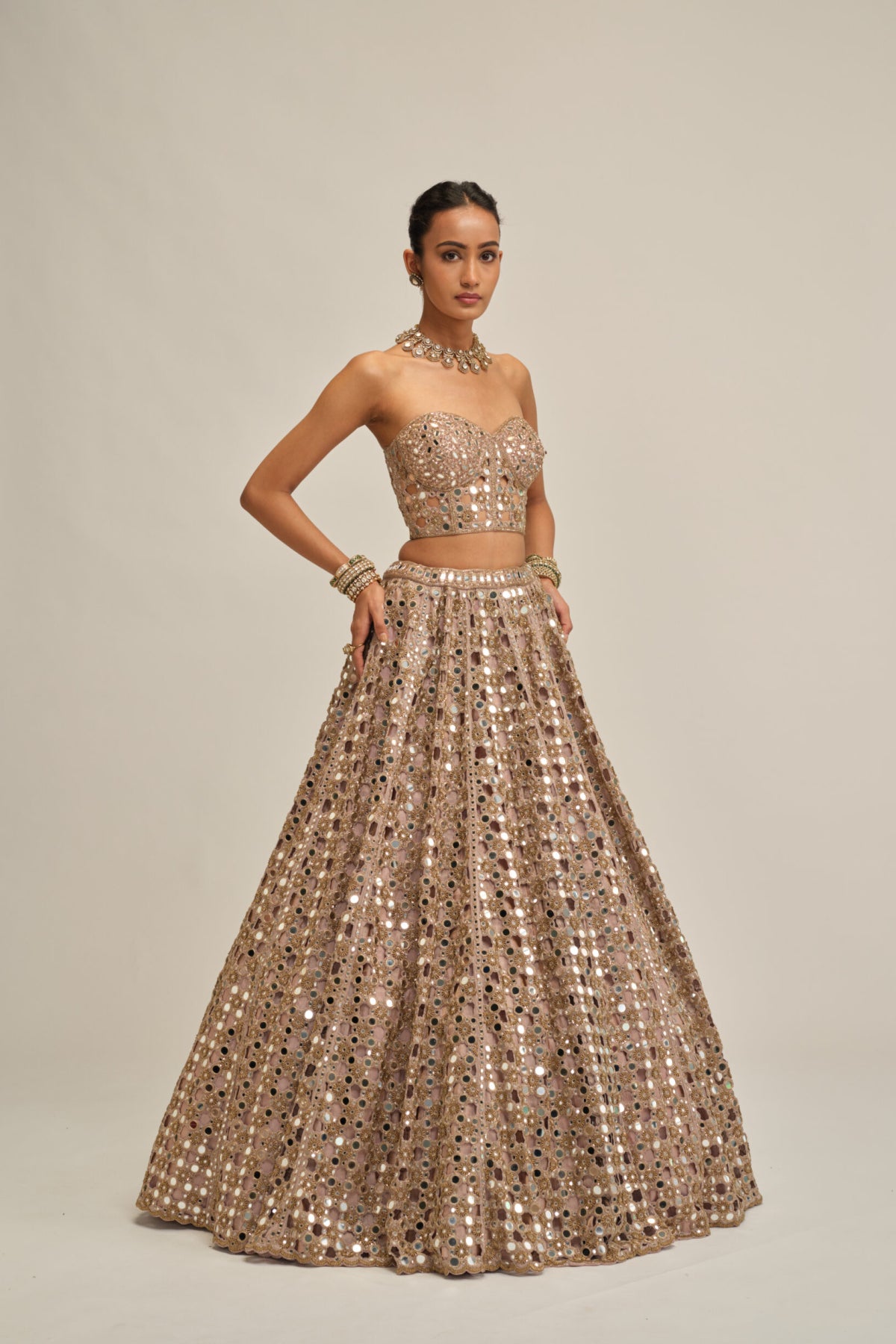 Ash Pink Dense Big Mirror Cutwork Crop Top Skirt Set