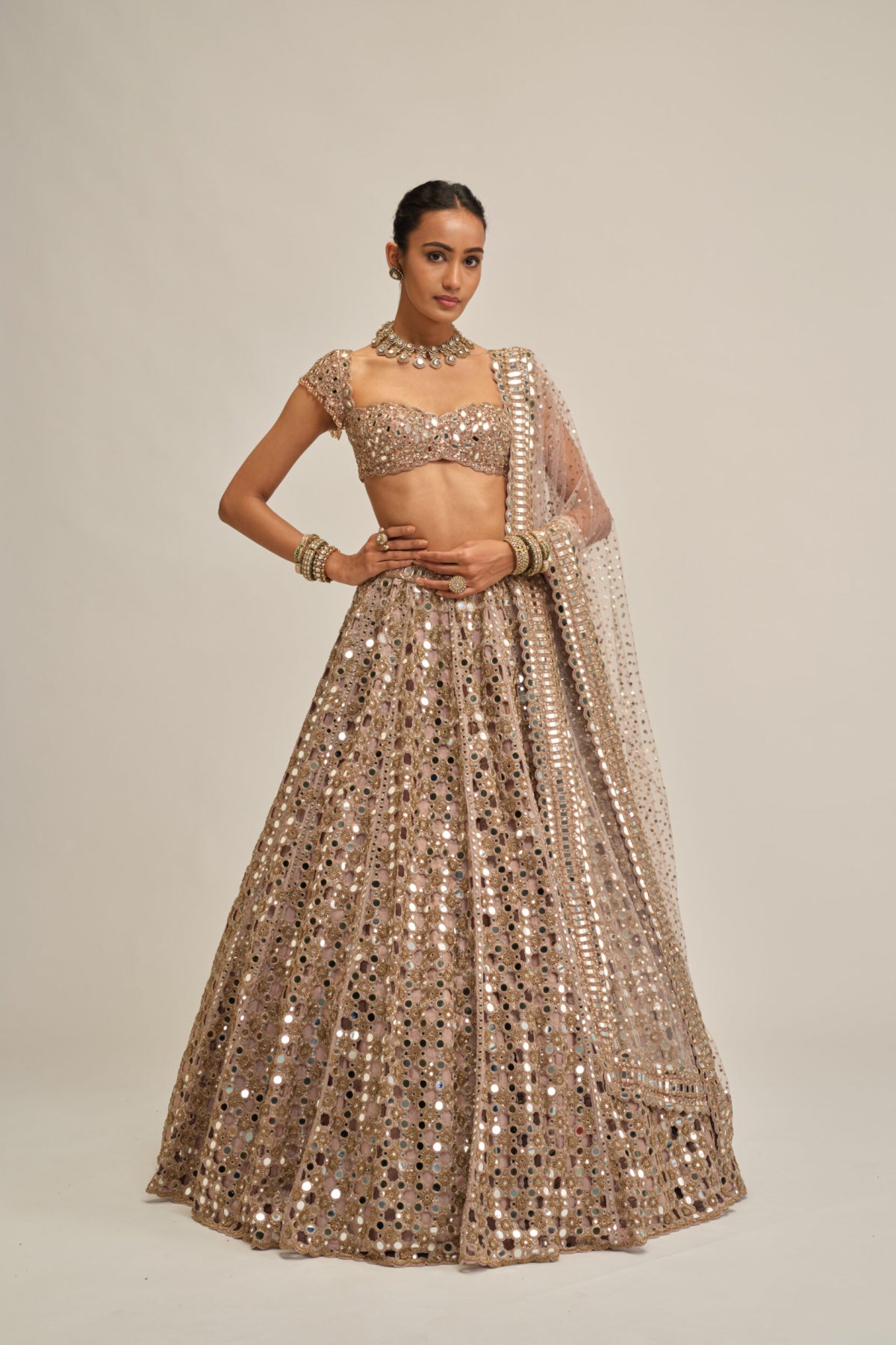 Ash Pink Dense Big Mirror Cutwork Lehenga Set