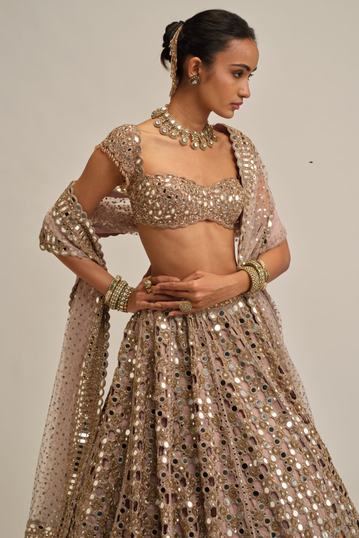 Ash Pink Dense Big Mirror Cutwork Lehenga Set