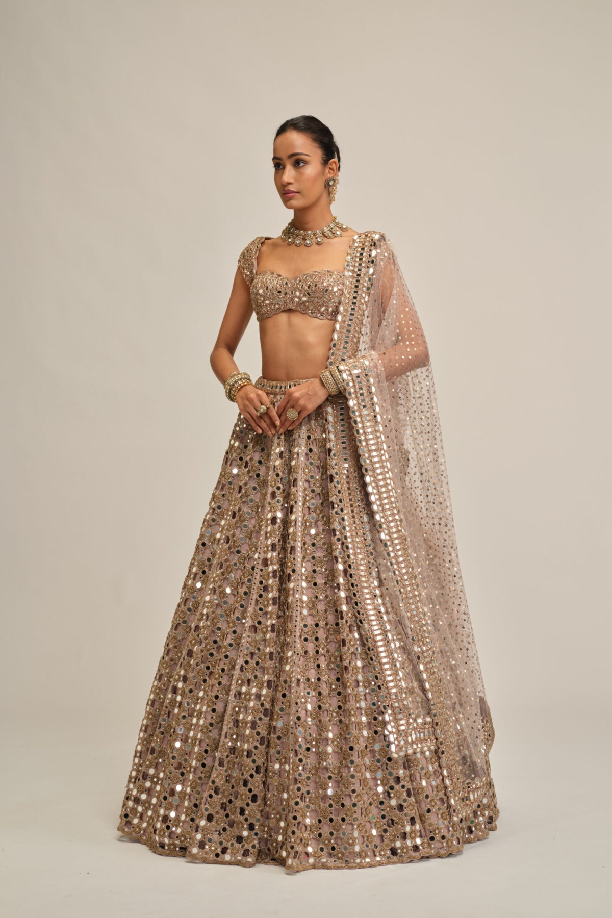 Ash Pink Dense Big Mirror Cutwork Lehenga Set