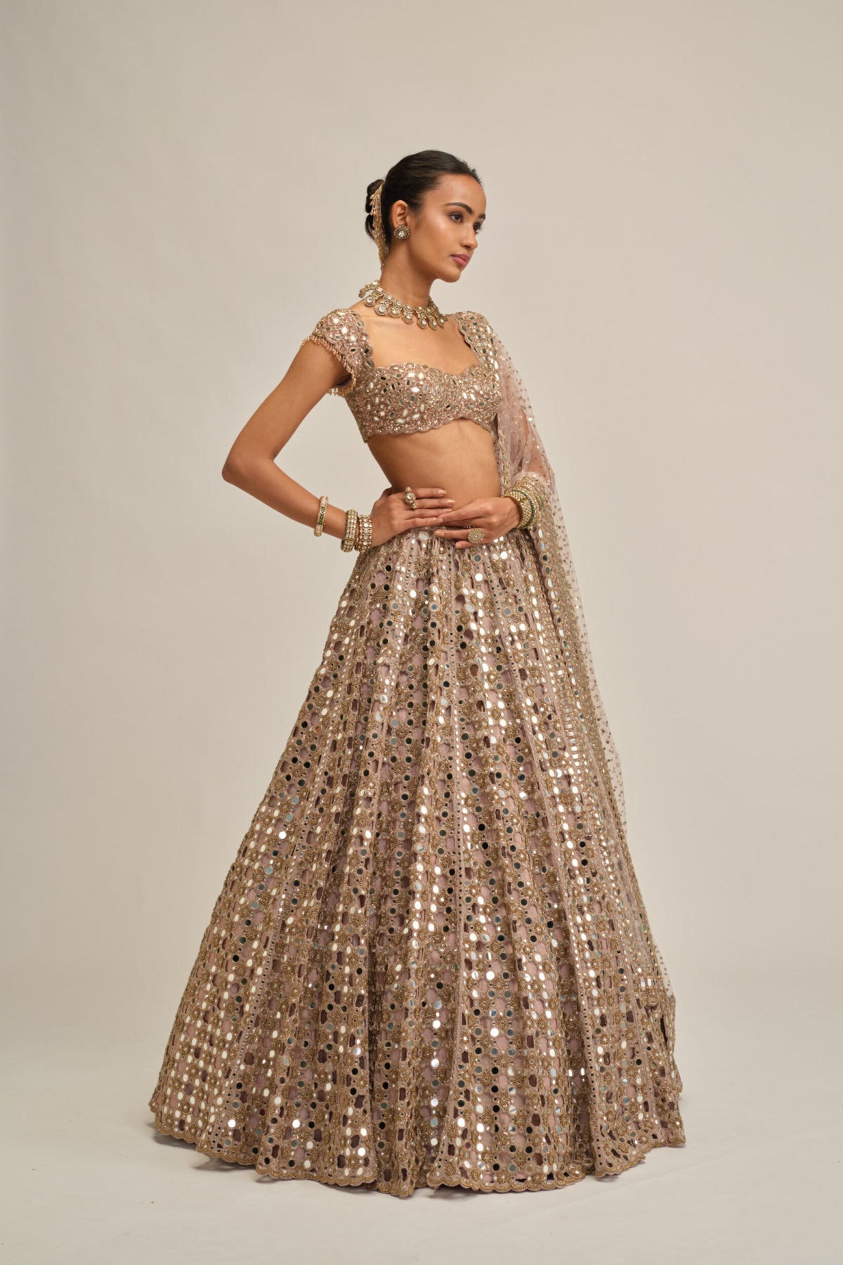 Ash Pink Dense Big Mirror Cutwork Lehenga Set