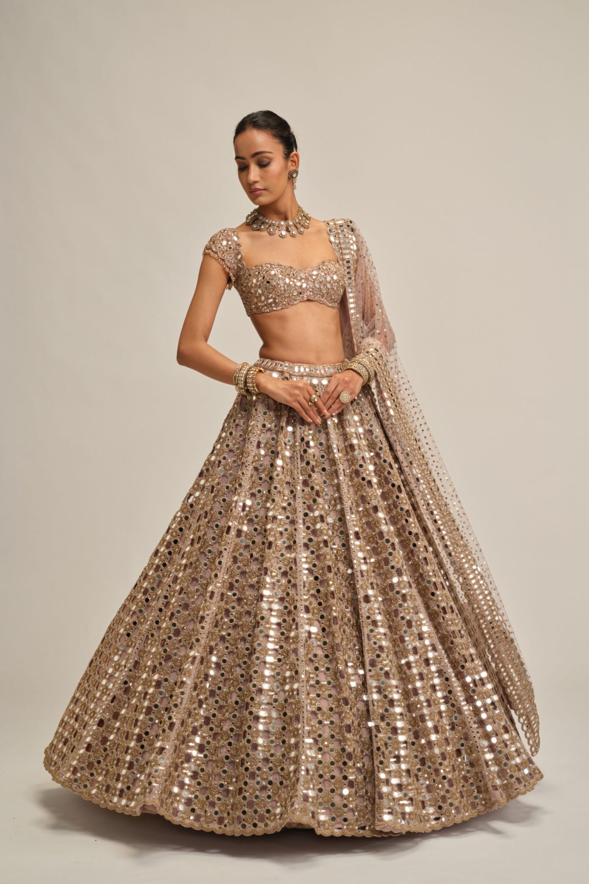 Ash Pink Dense Big Mirror Cutwork Lehenga Set