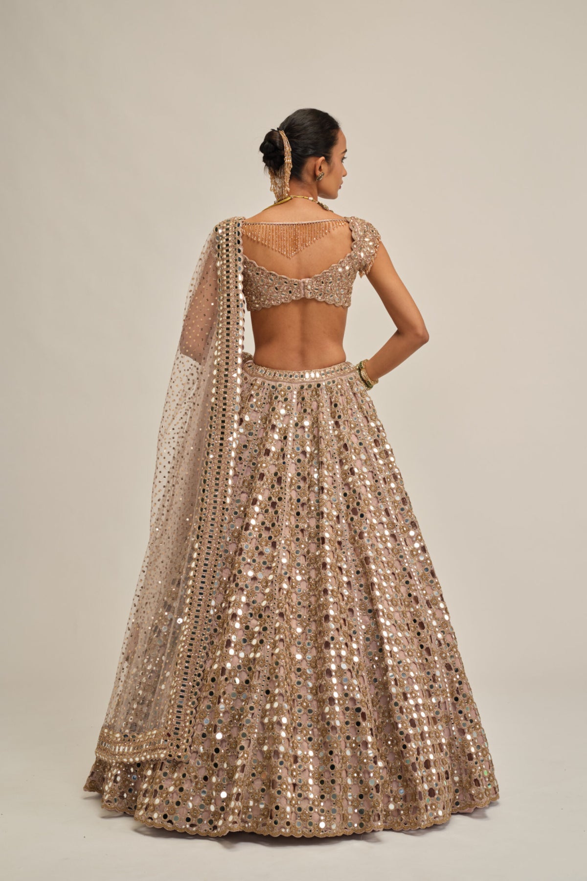 Ash Pink Dense Big Mirror Cutwork Lehenga Set