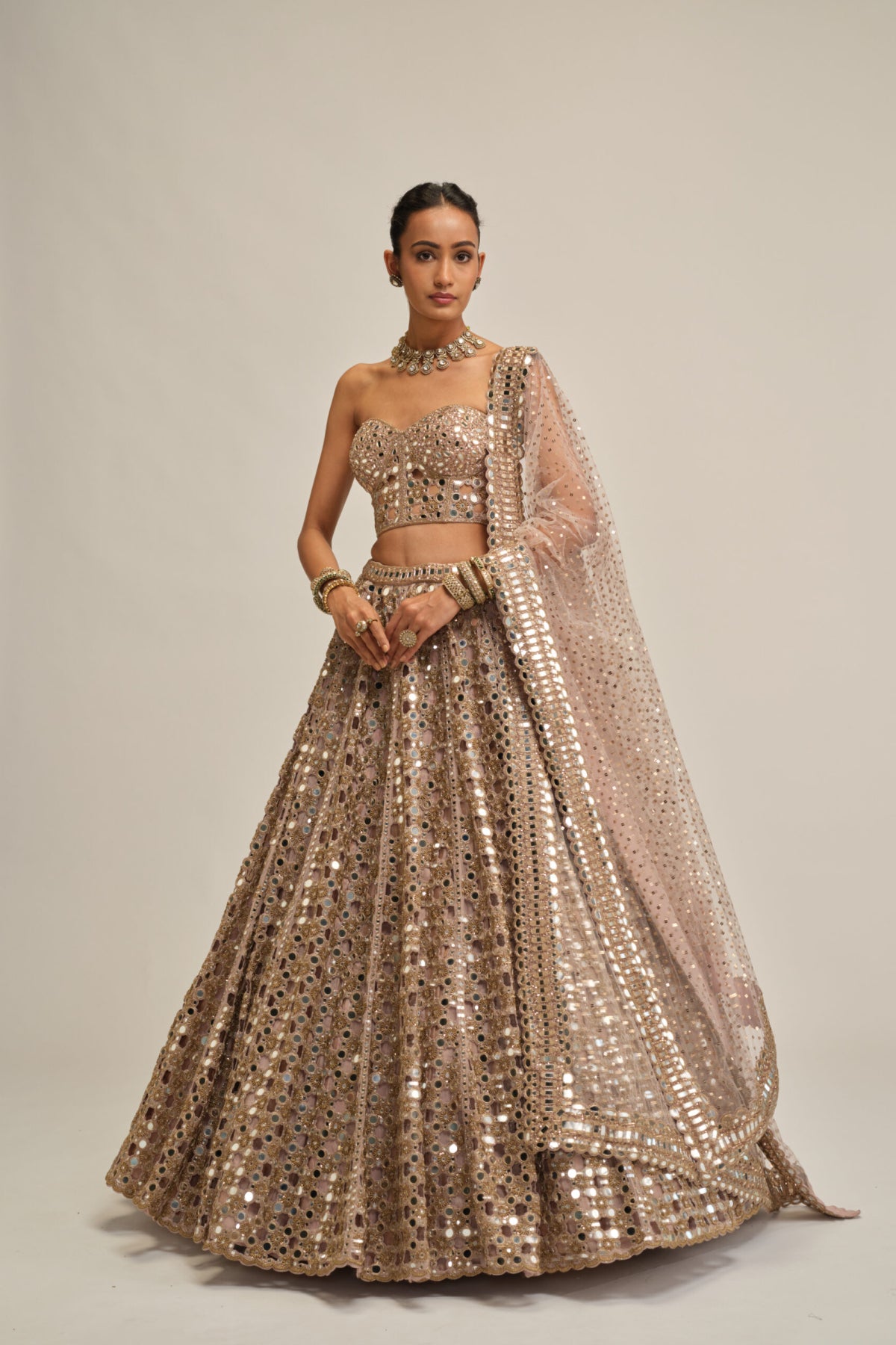 Ash Pink Dense Big Mirror Cutwork Lehenga With Corset Set
