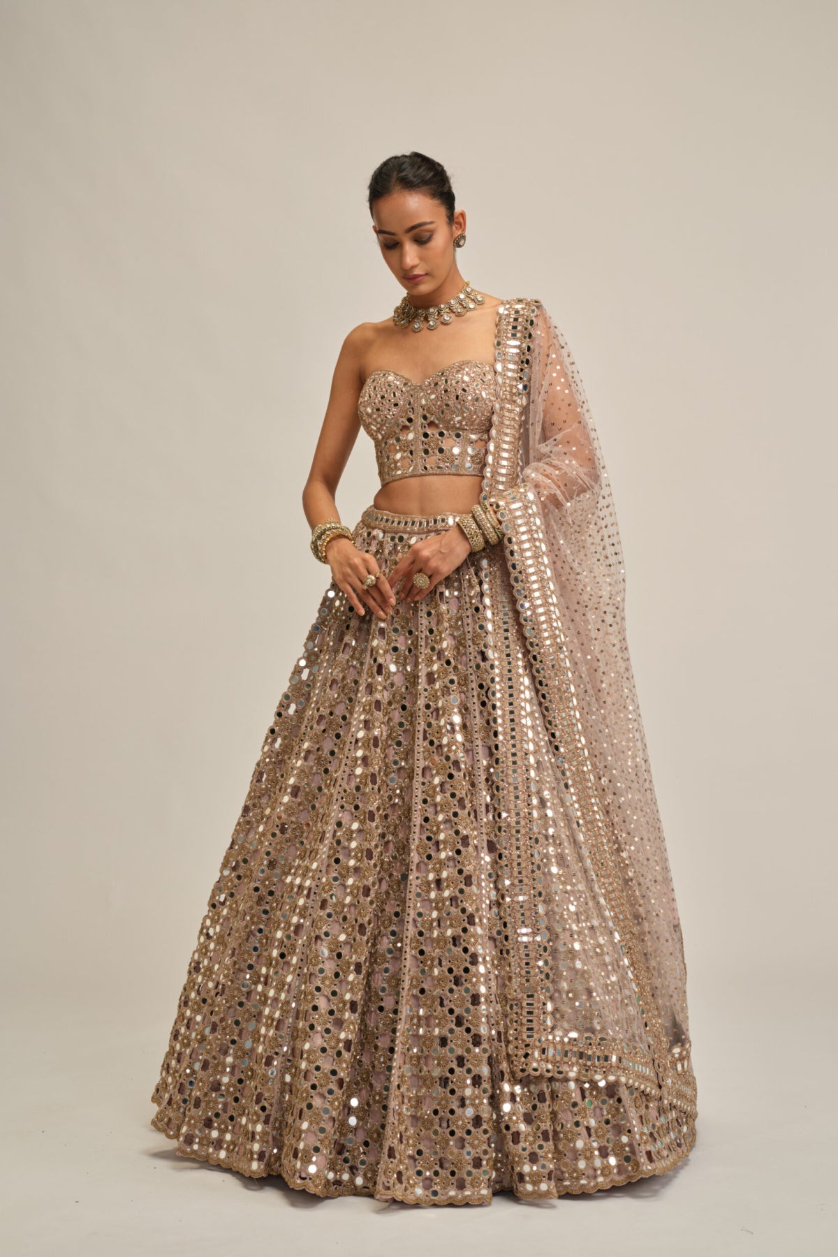 Ash Pink Dense Big Mirror Cutwork Lehenga With Corset Set