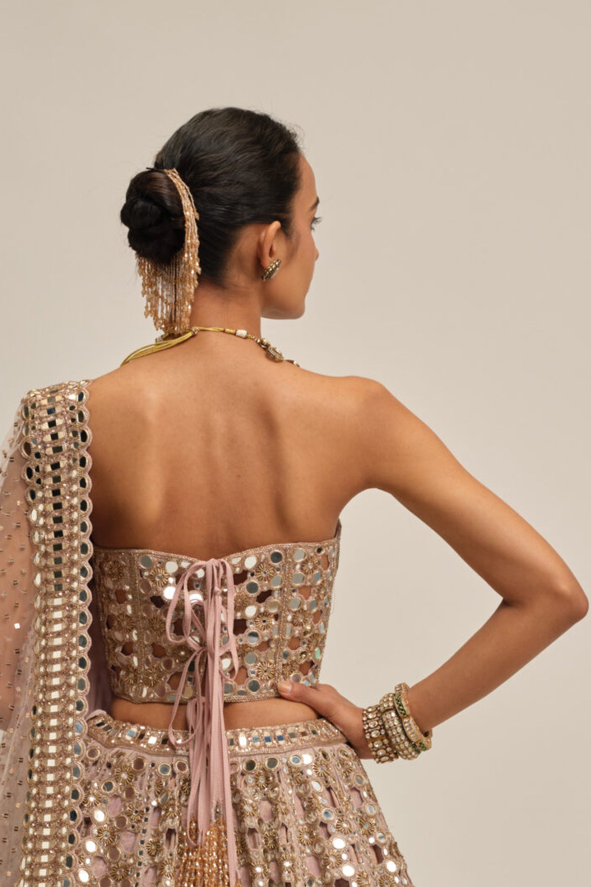 Ash Pink Dense Big Mirror Cutwork Lehenga With Corset Set