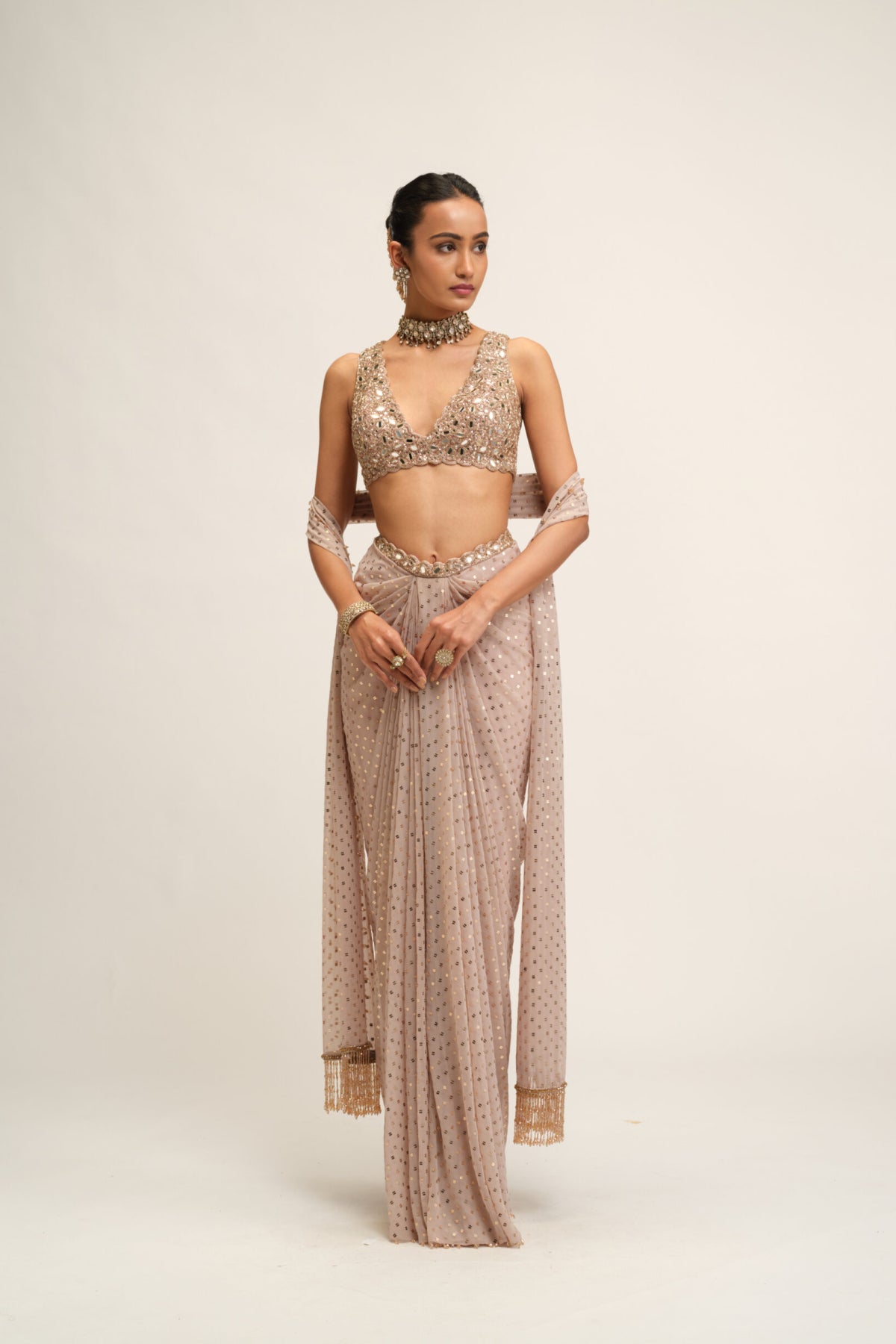 Ash Pink Draped Skirt With V Neck Blouse Set