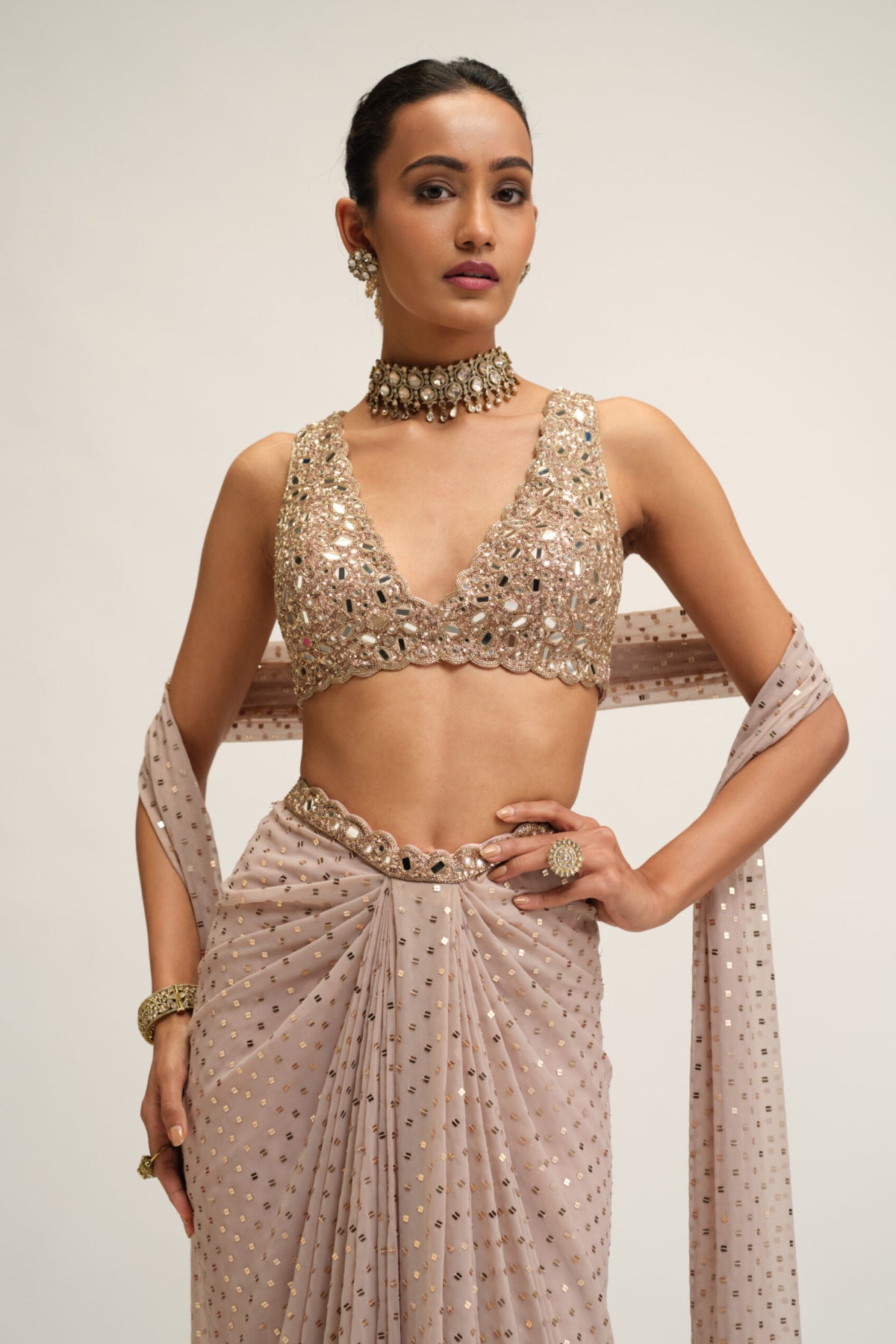 Ash Pink Draped Skirt With V Neck Blouse Set