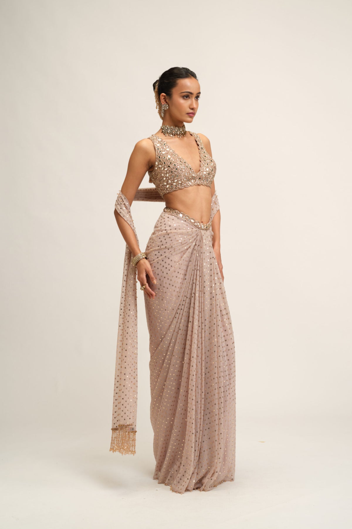 Ash Pink Draped Skirt With V Neck Blouse Set