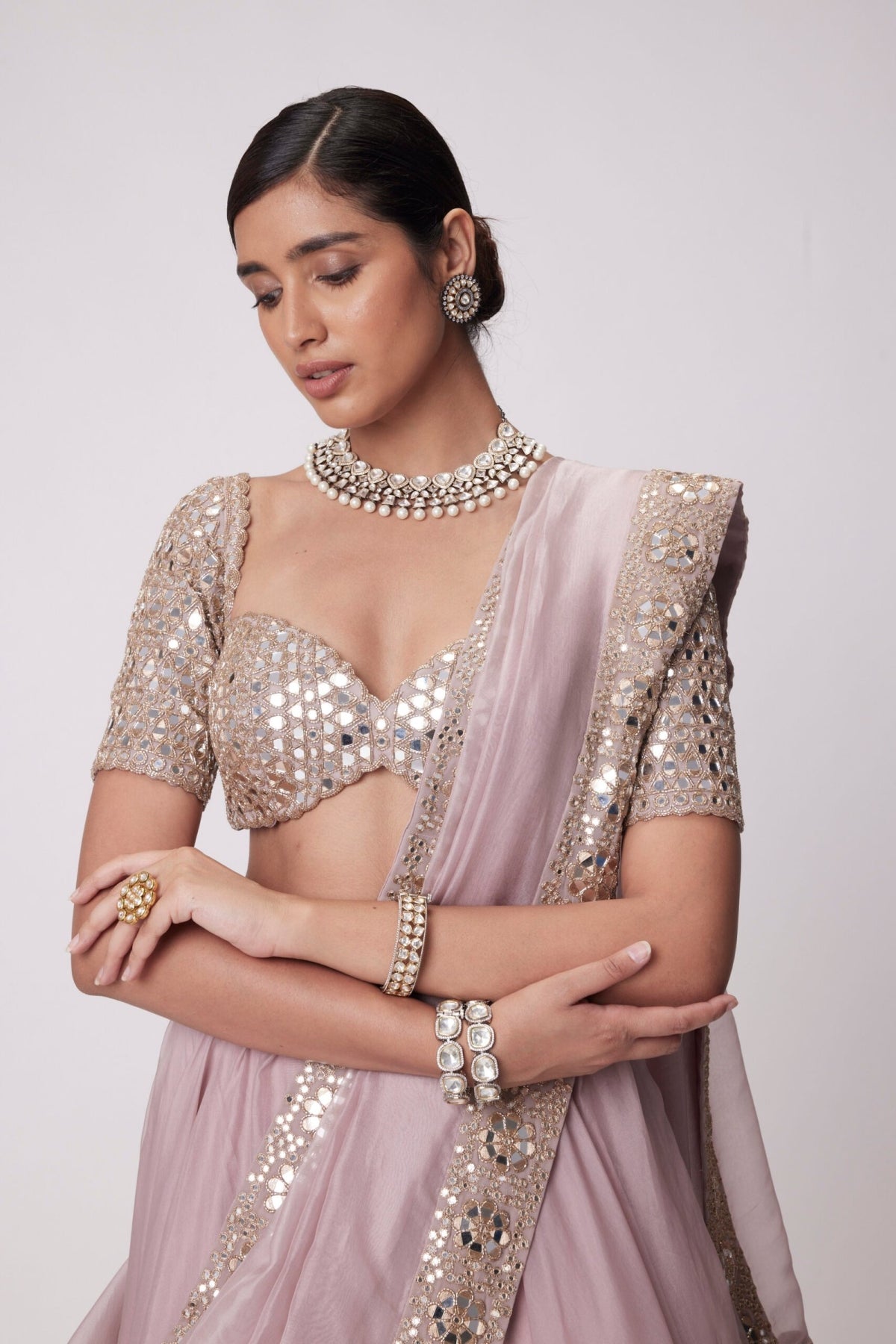 Ash Pink flower Border Organza Lehenga Set- Ready to ship