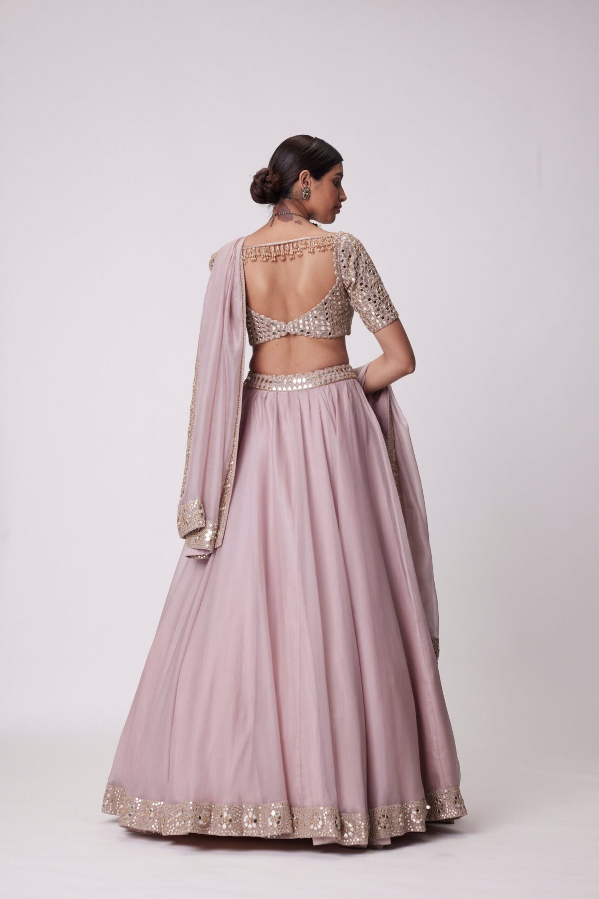 Ash Pink flower Border Organza Lehenga Set- Ready to ship