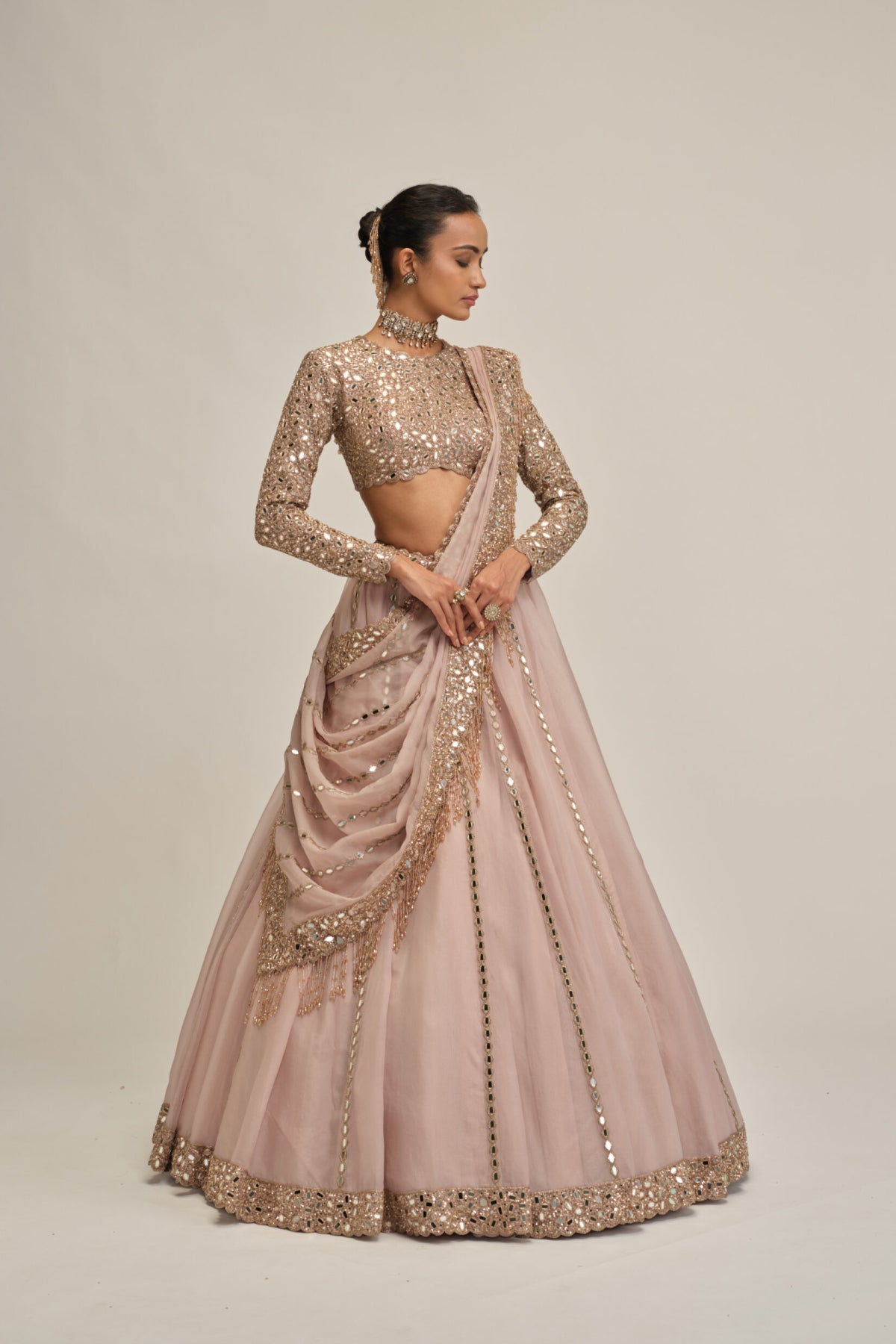 Ash Pink Full Sleeve Lehenga Set