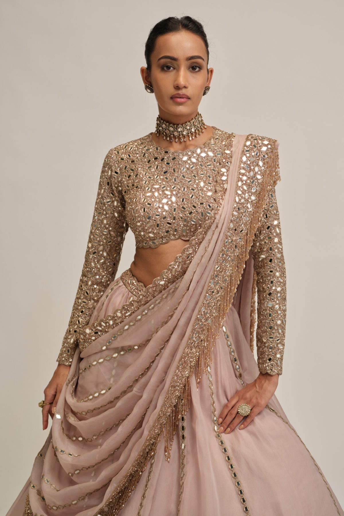 Ash Pink Full Sleeve Lehenga Set