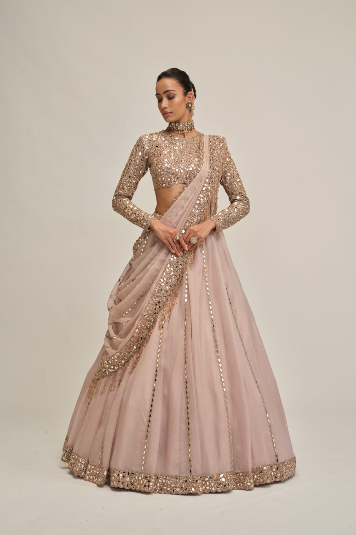 Ash Pink Full Sleeve Lehenga Set