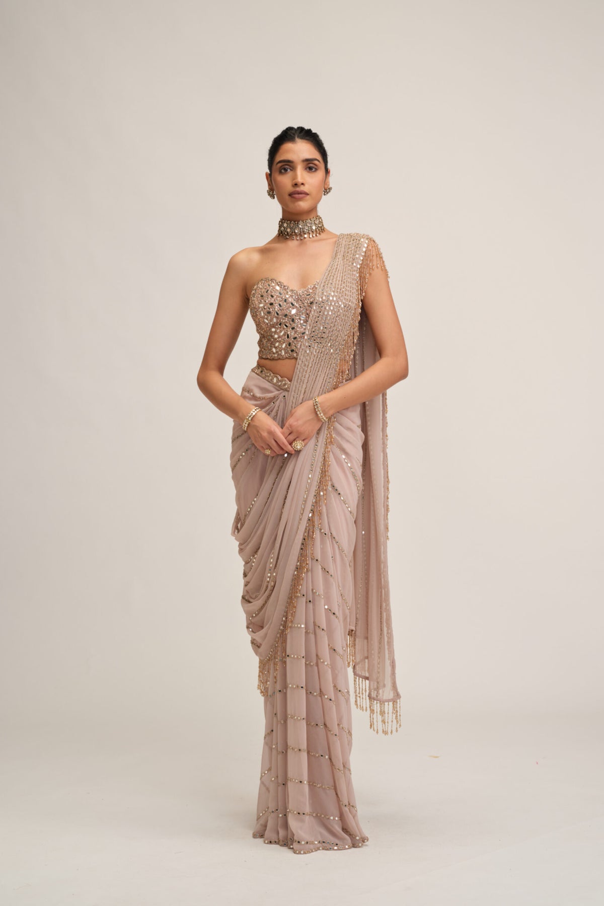Ash Pink Linear Mirror Saree Set