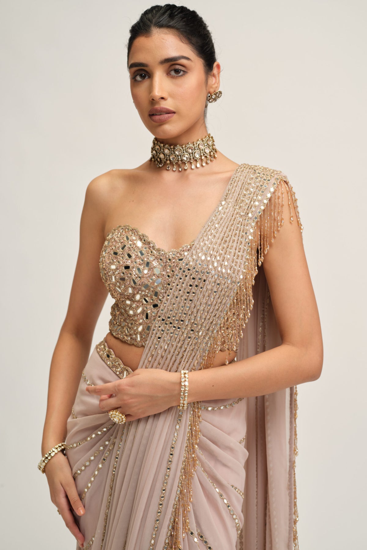 Ash Pink Linear Mirror Saree Set