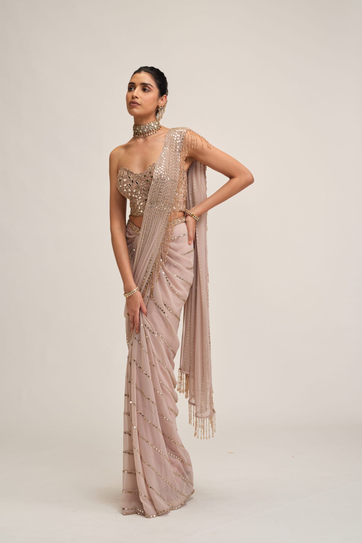 Ash Pink Linear Mirror Saree Set