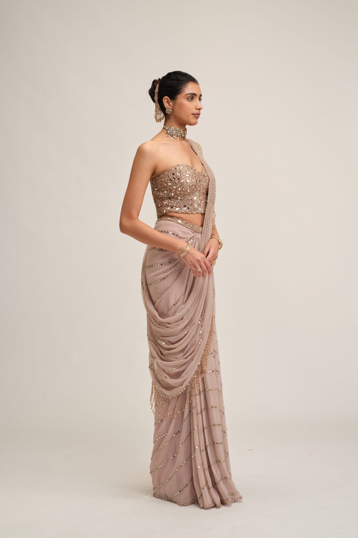 Ash Pink Linear Mirror Saree Set