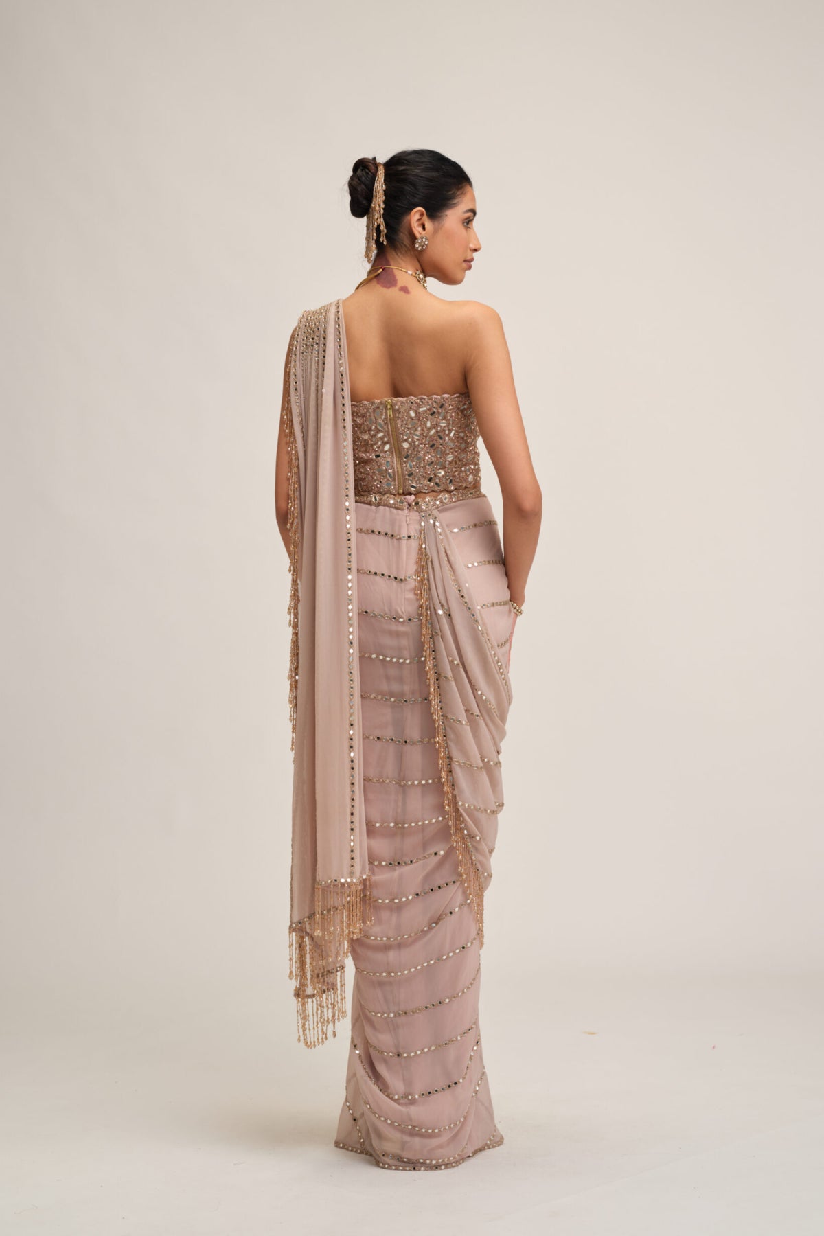 Ash Pink Linear Mirror Saree Set