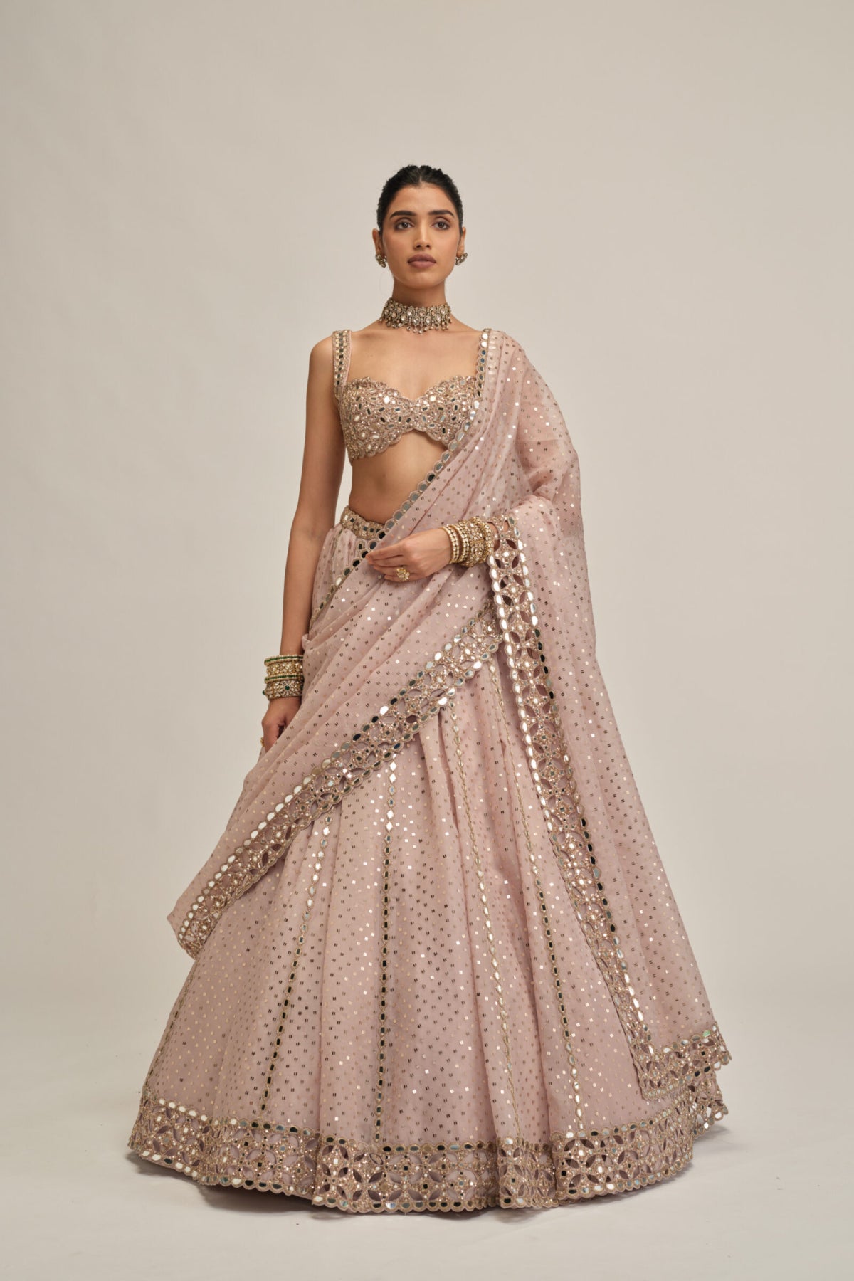 Ash Pink Linear Mirror Sequins Embroidered Lehenga Set