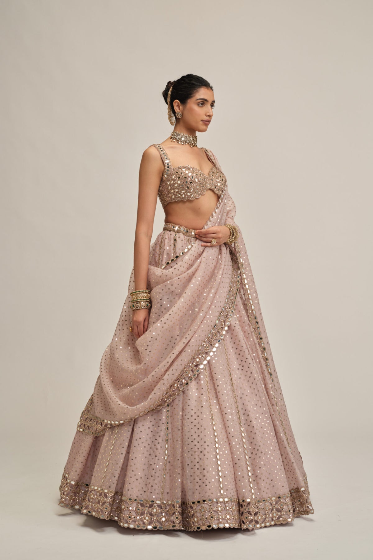 Ash Pink Linear Mirror Sequins Embroidered Lehenga Set
