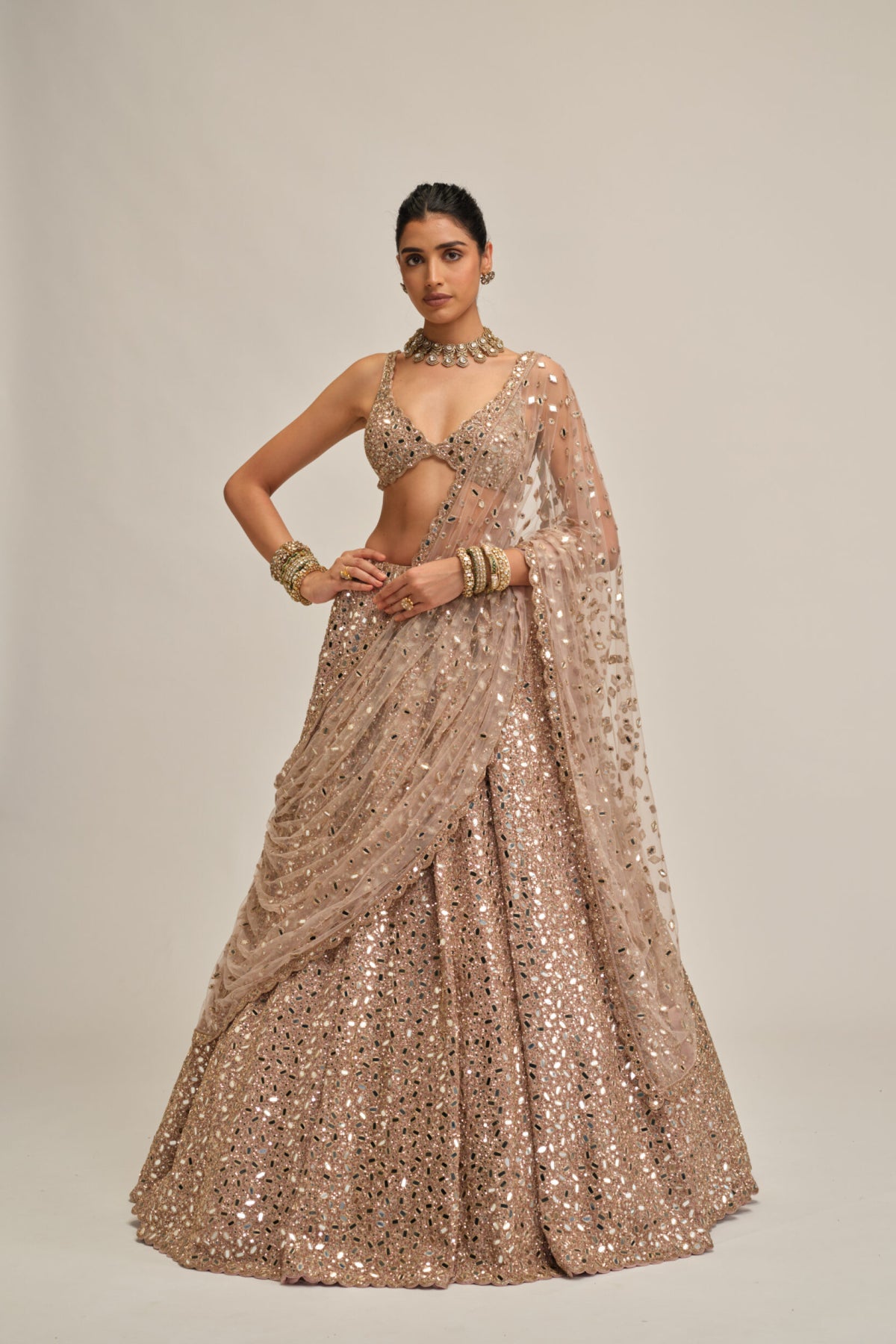 Ash Pink Mirror Embroidered Lehenga Set