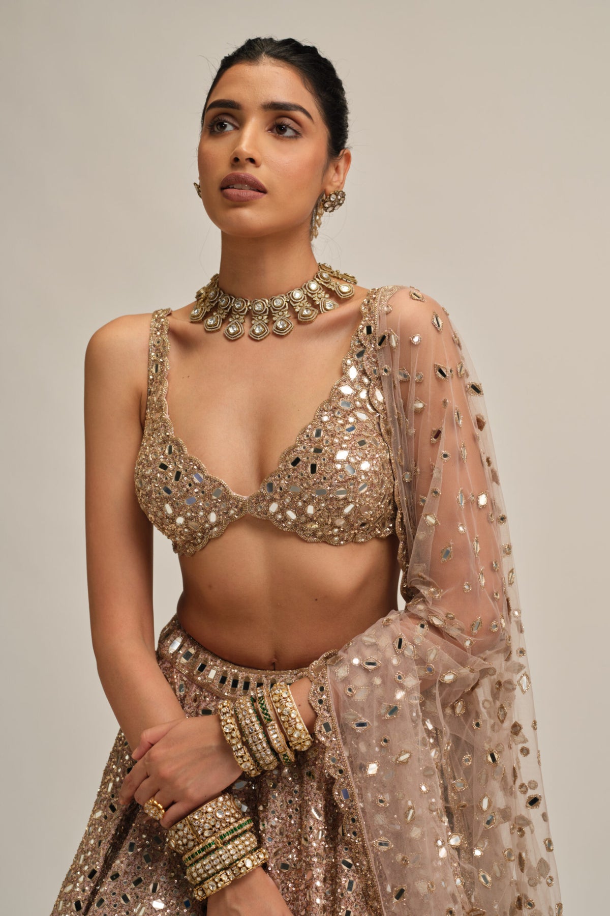 Ash Pink Mirror Embroidered Lehenga Set