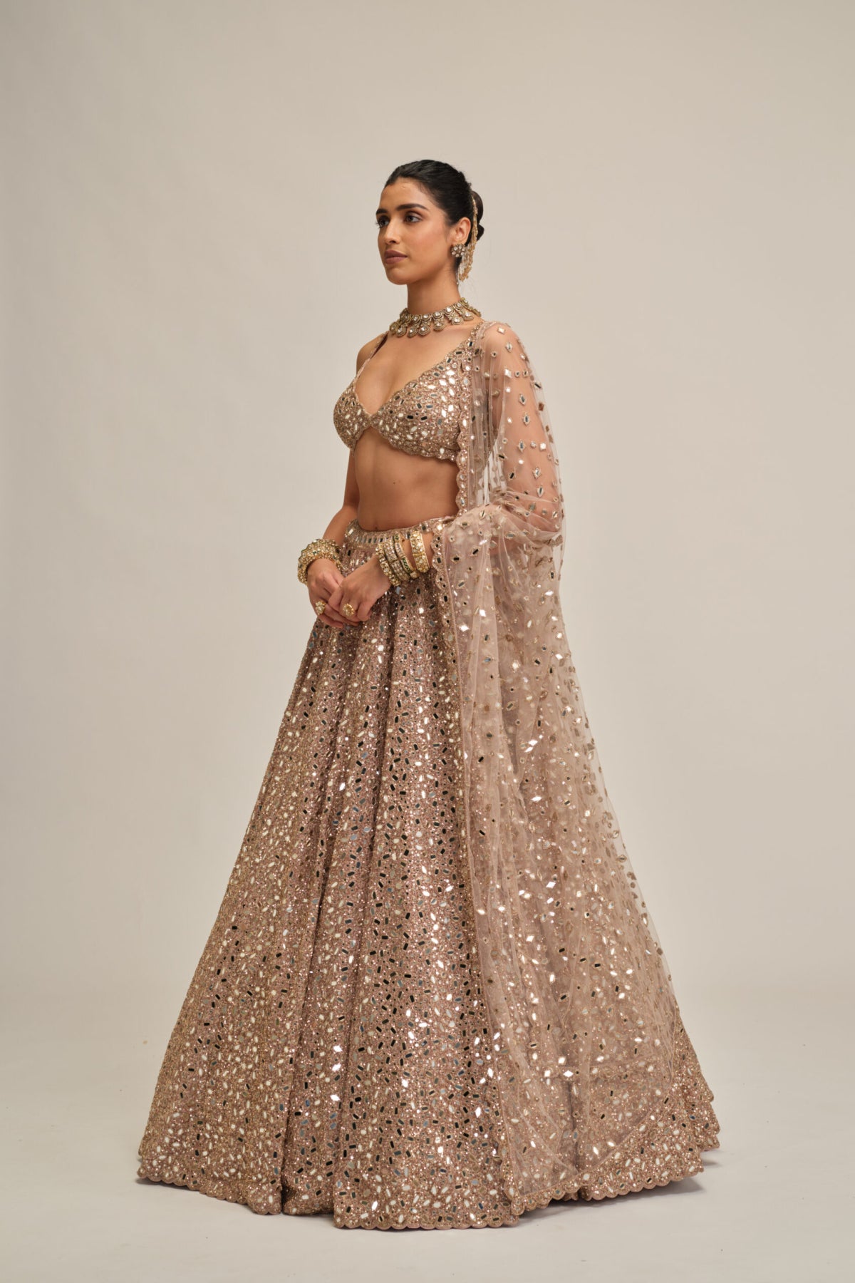 Ash Pink Mirror Embroidered Lehenga Set