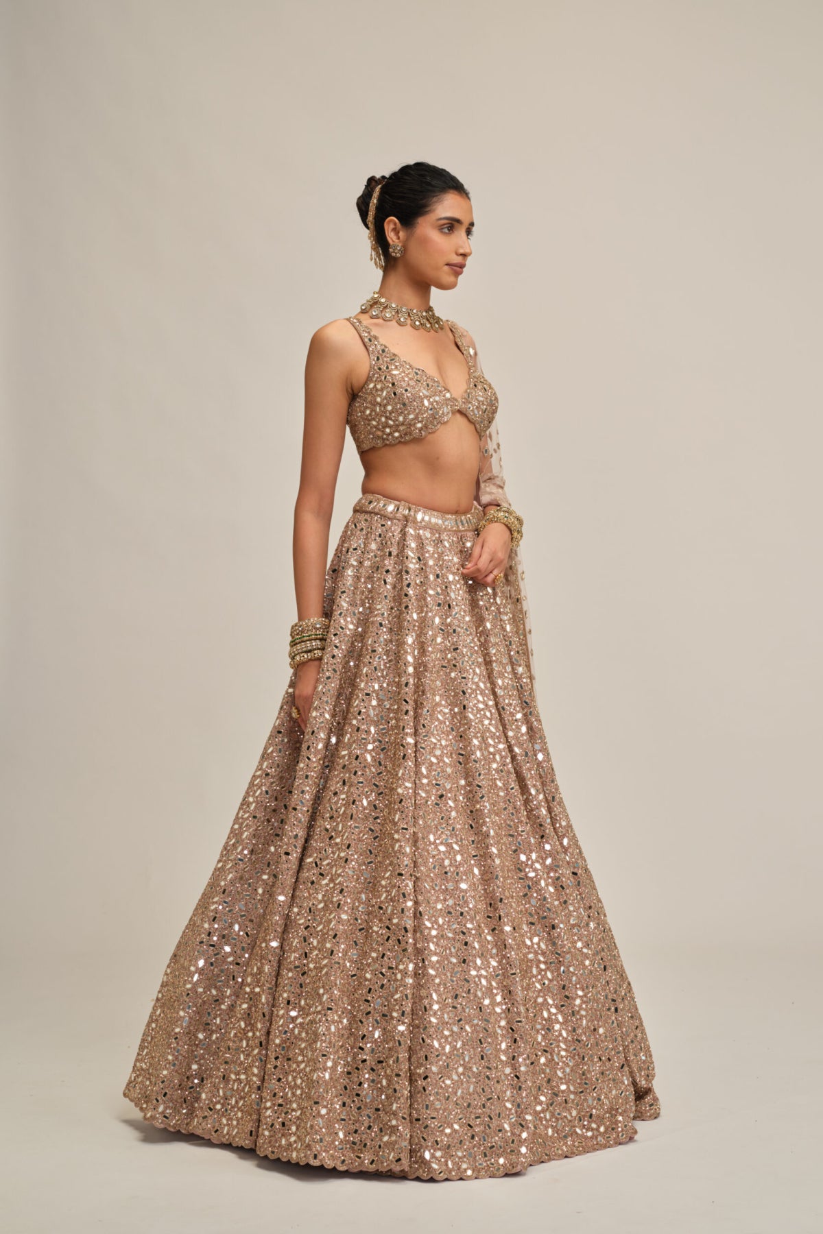 Ash Pink Mirror Embroidered Lehenga Set