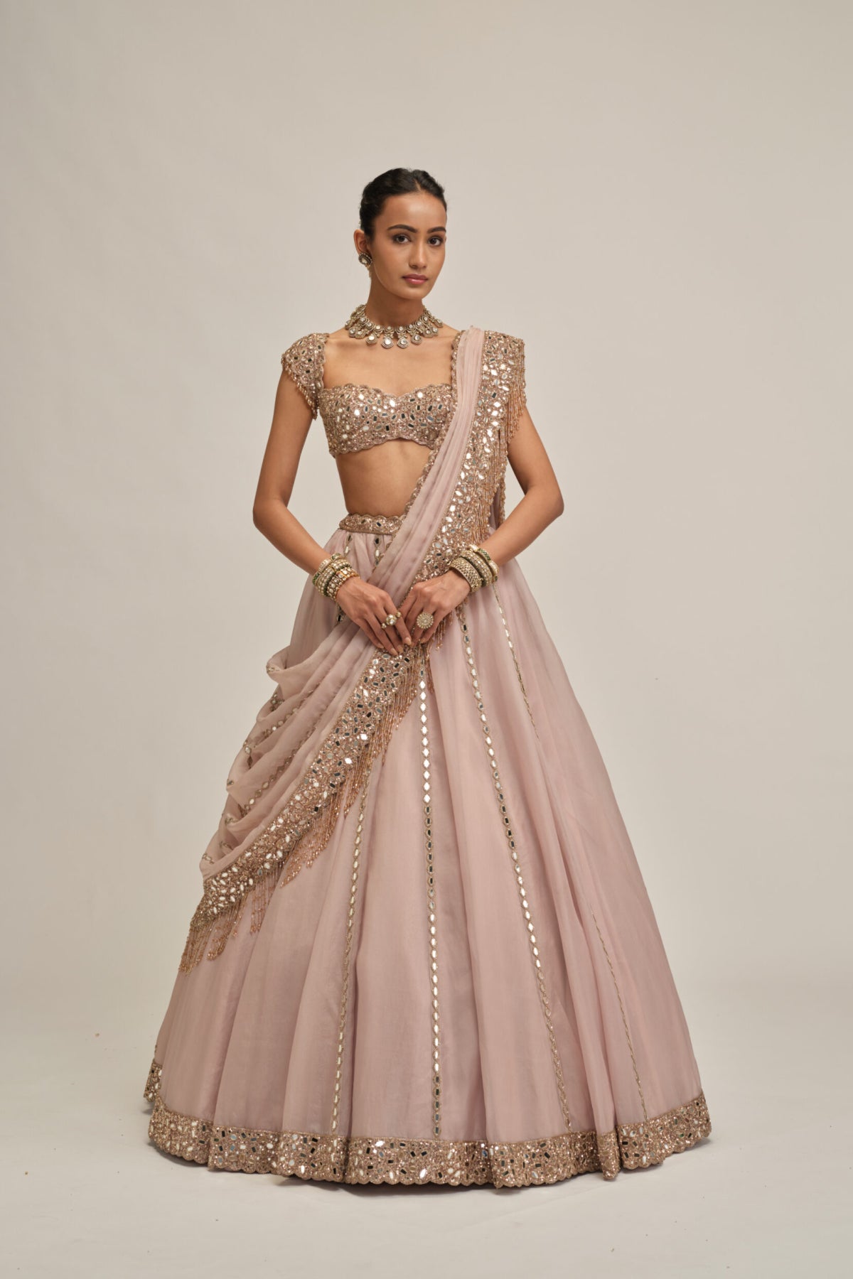 Ash Pink Mirror Linear Embroidered Lehenga Set