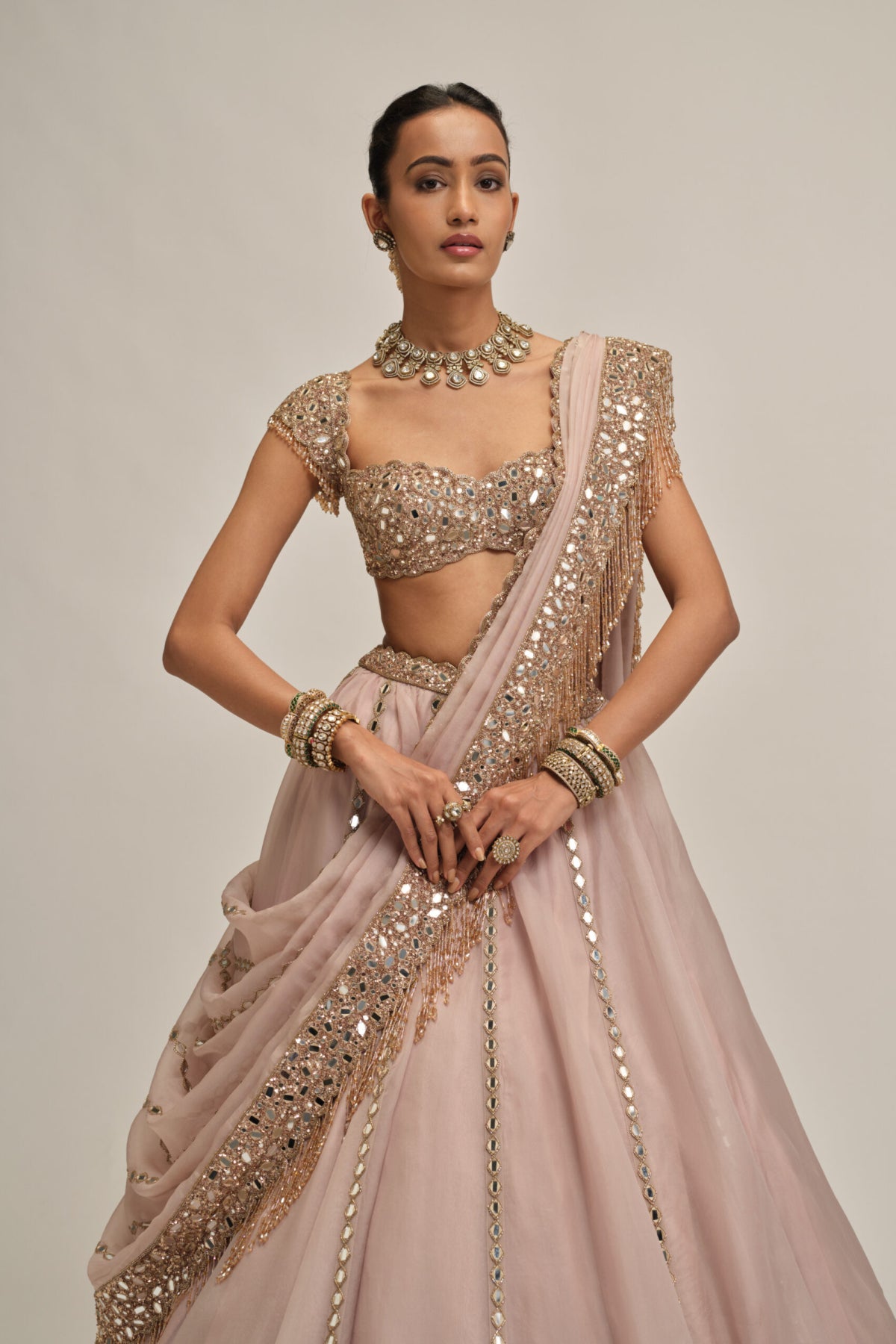 Ash Pink Mirror Linear Embroidered Lehenga Set