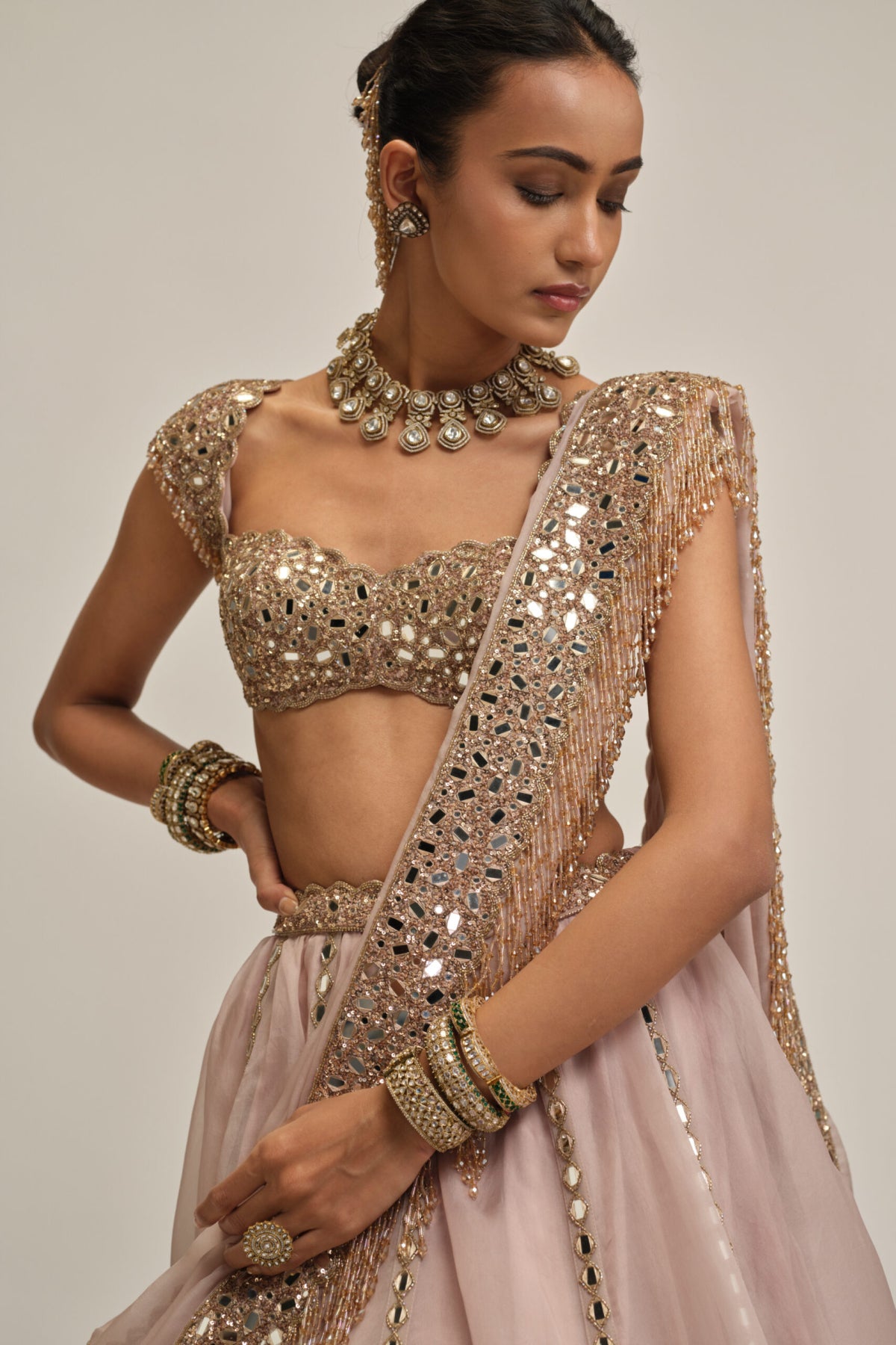 Ash Pink Mirror Linear Embroidered Lehenga Set