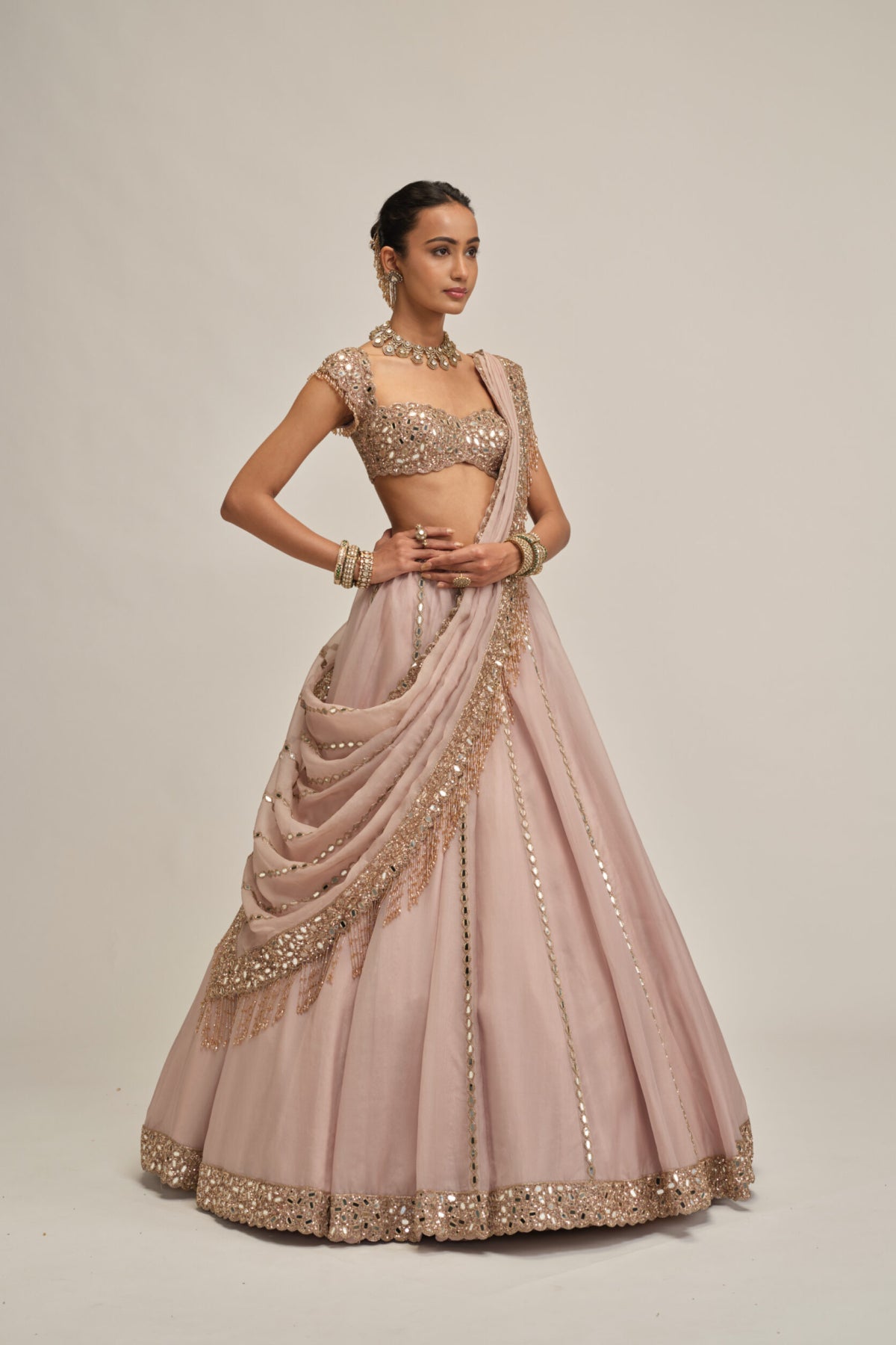 Ash Pink Mirror Linear Embroidered Lehenga Set