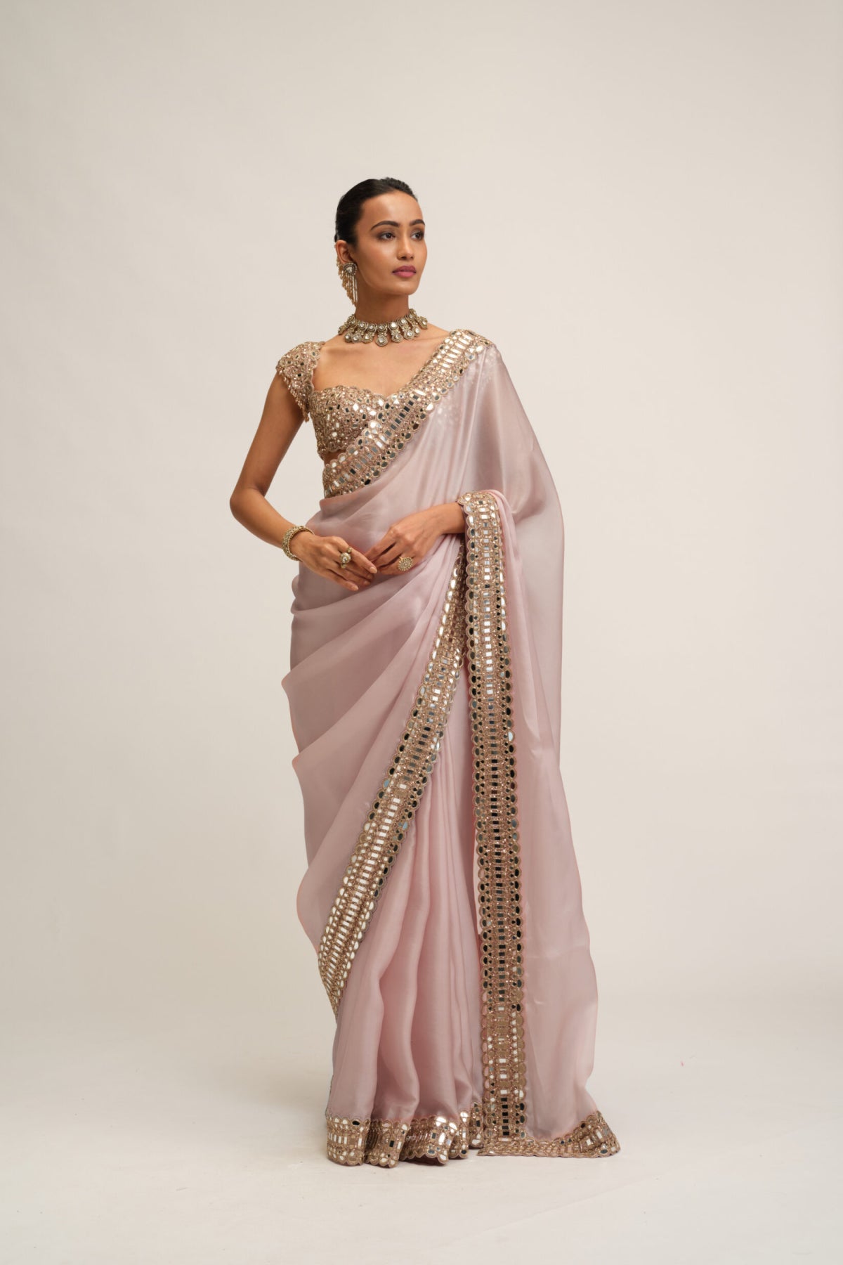 Ash Pink Satin Organza Saree Set