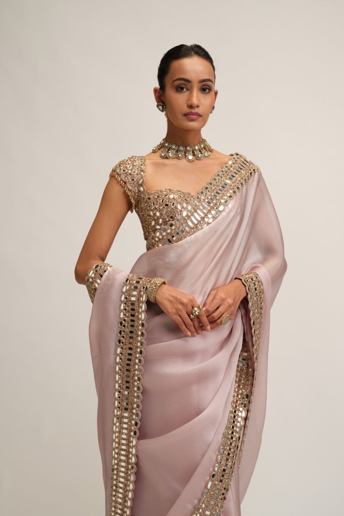 Ash Pink Satin Organza Saree Set
